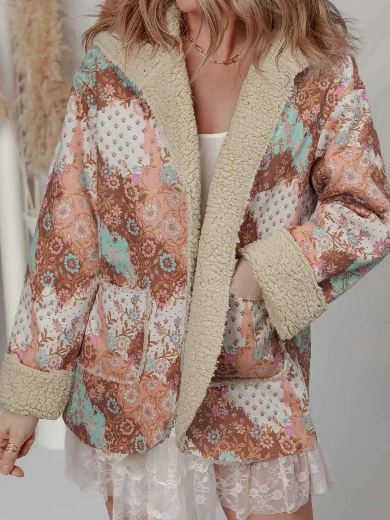 Floral Printed Sherpa Lined Hooded Jacket Khaki 1f3130b5db5440d09e3c306864788341-Max-Origin