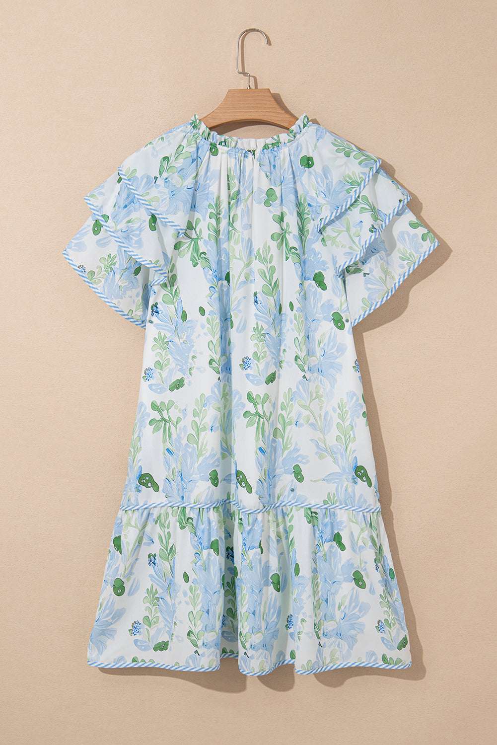 Sky Blue Floral Contrast Edge Ruffle Sleeve Tie Neck Mini Dress 1f49d377068ee47d-_4