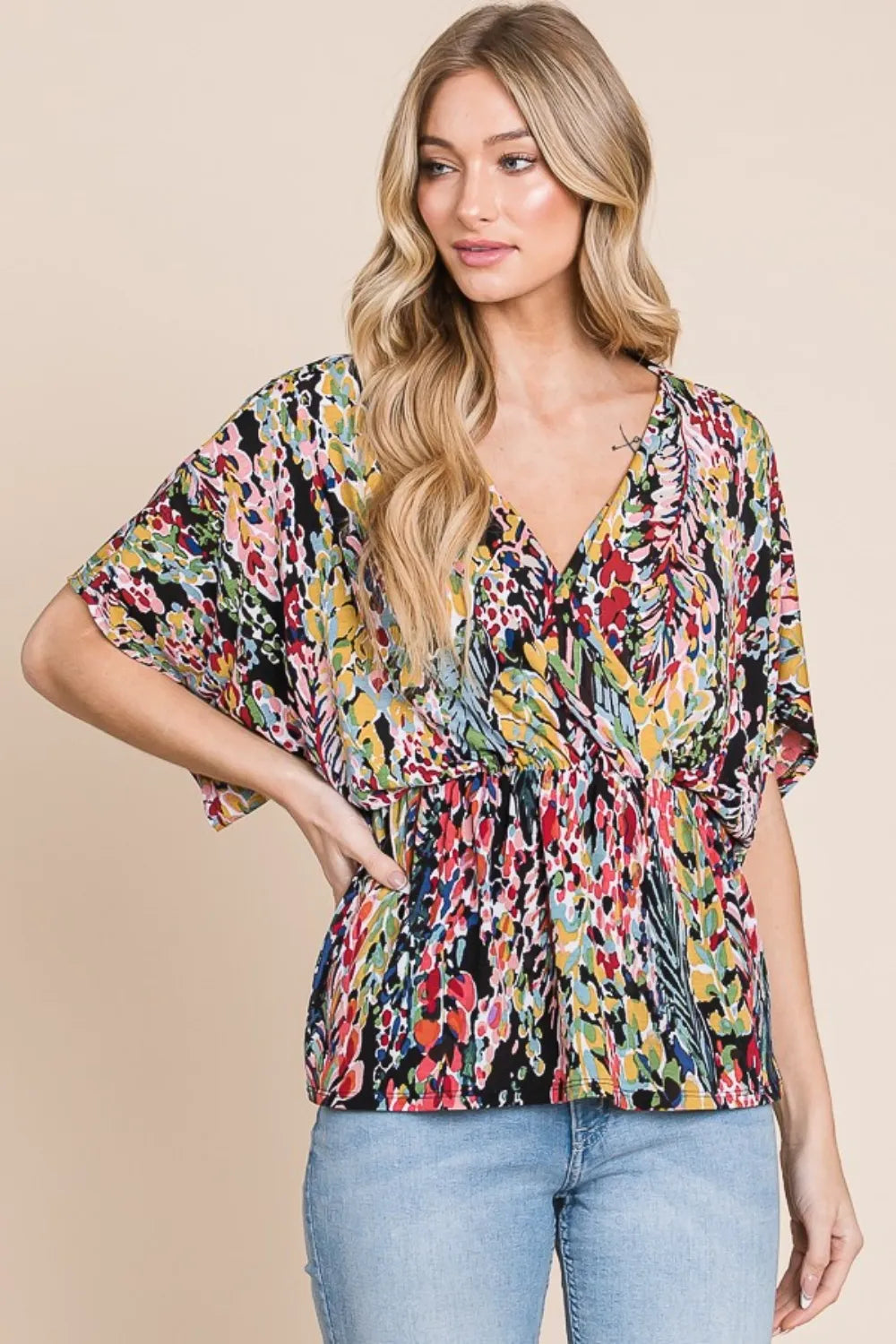 BOMBOM Printed Surplice Peplum Blouse 1f5039d5-885e-4e00-9b05-a4922d337b43-Max