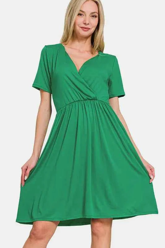Zenana Surplice Short Sleeve Brushed DTY Dress Green 1f503d72-421e-4ea8-8b7f-e15164dee417-Max
