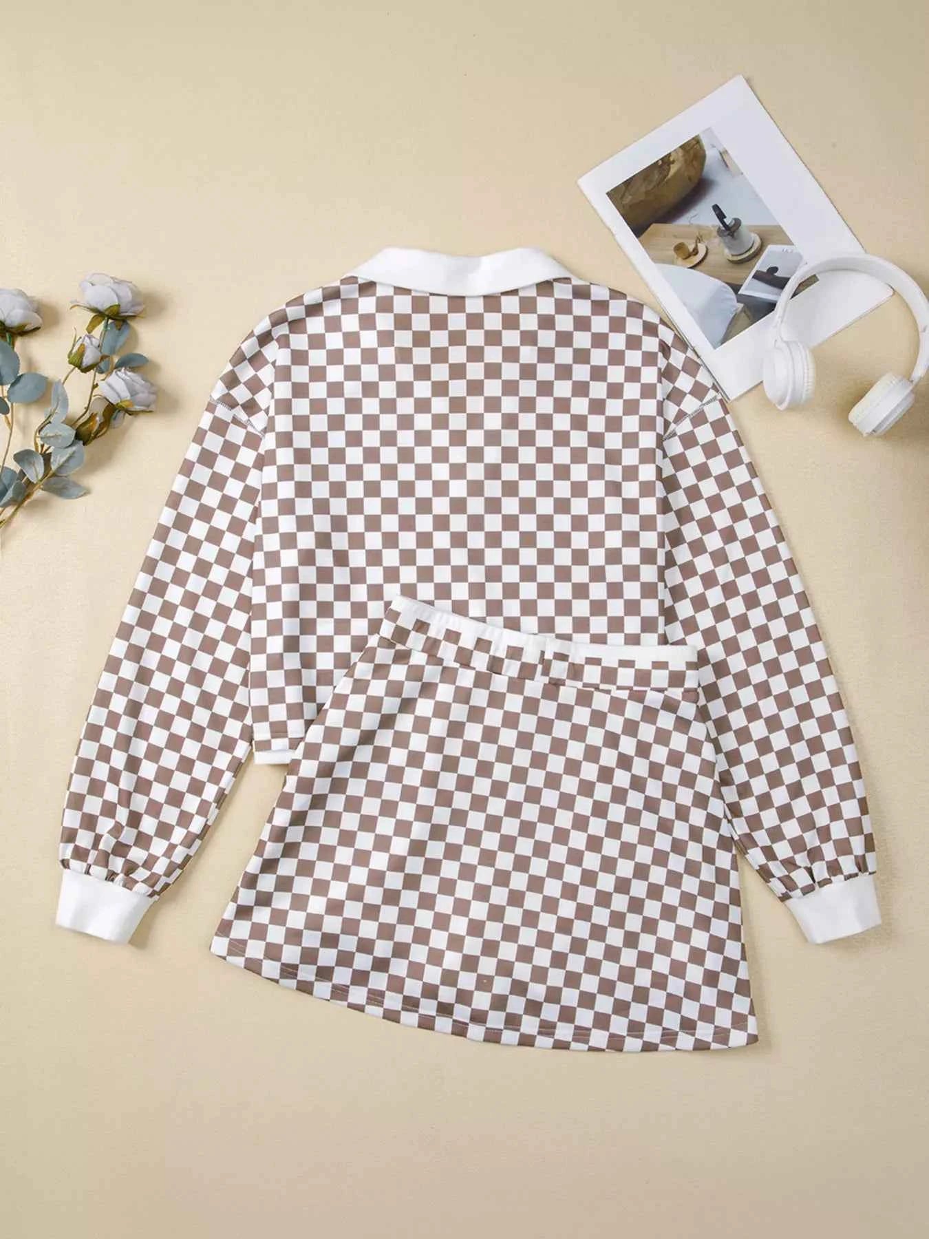 Checkered Print Polo Collar Cropped Long Sleeve Top and Drawstring Mini Skirt Set 1f54d6732d7f41d59938bed2cb3307e5-Max-Origin