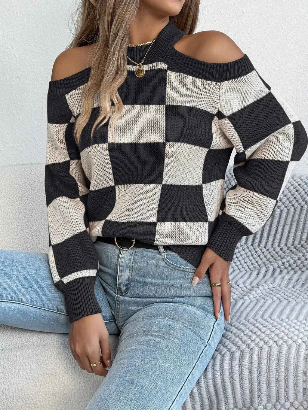 Cold Shoulder Checkered Long Sleeve Sweater Black 1f65dfc72e884aacbf1d4aca8c1b4f76-Max-Origin