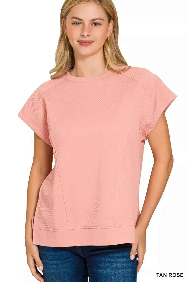Zenana Textured Knit Jacquard Short Sleeve Top TAN ROSE 1f6e44e24d014607b76bff9f7862d864-Max-Origin