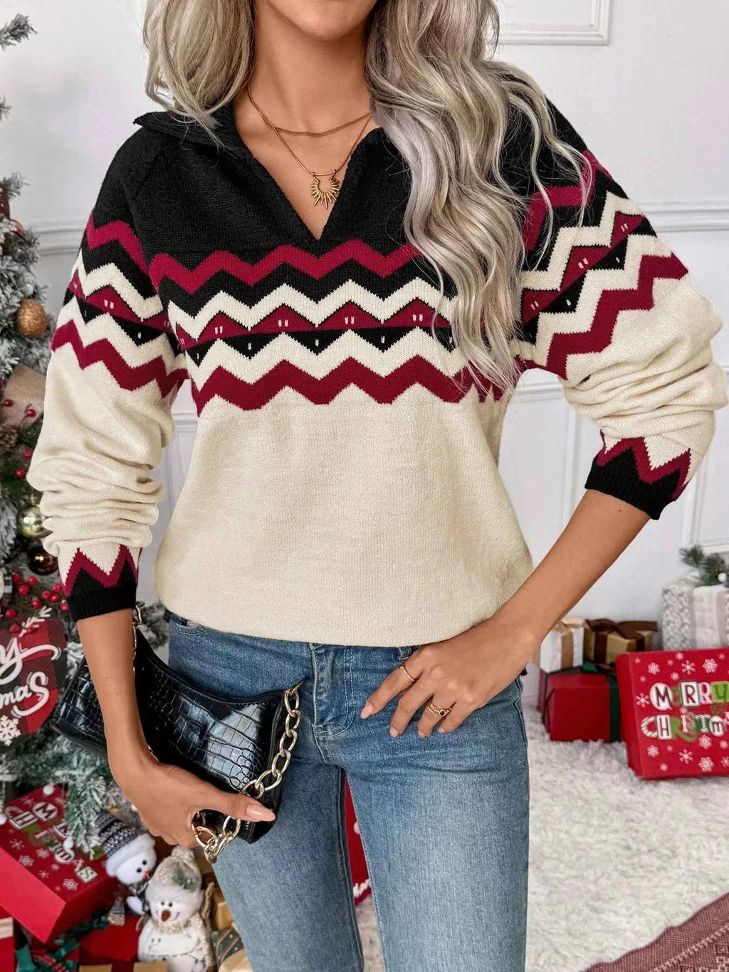 Chevron Pattern Long Sleeve Sweater Black 1f6f0ba2466a482cb79f058ed7b8c2eb-Max-Origin