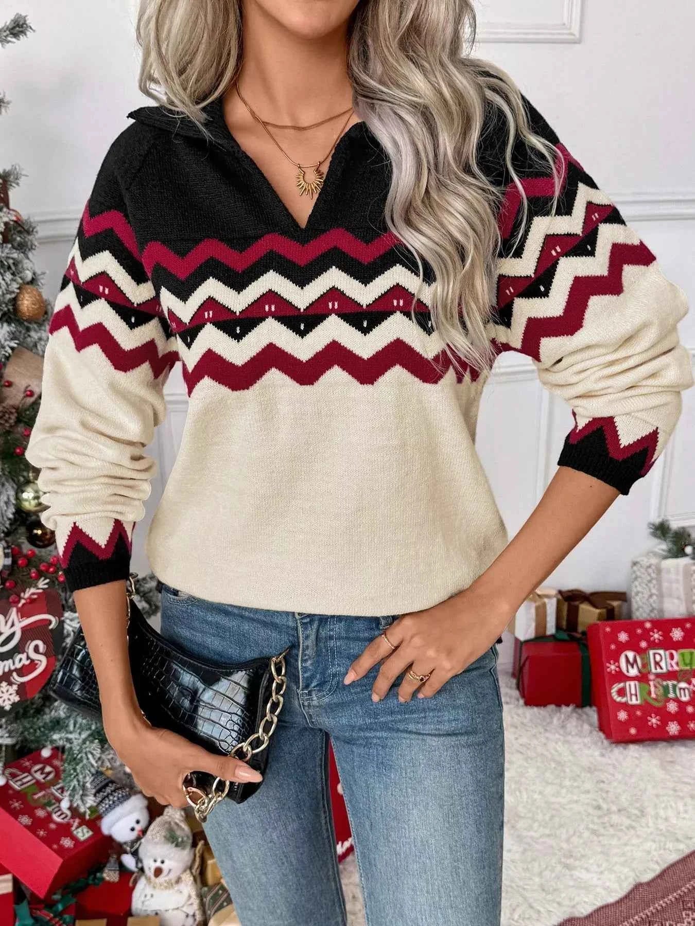 Chevron Pattern Long Sleeve Sweater Black 1f6f0ba2466a482cb79f058ed7b8c2eb-Max-Origin