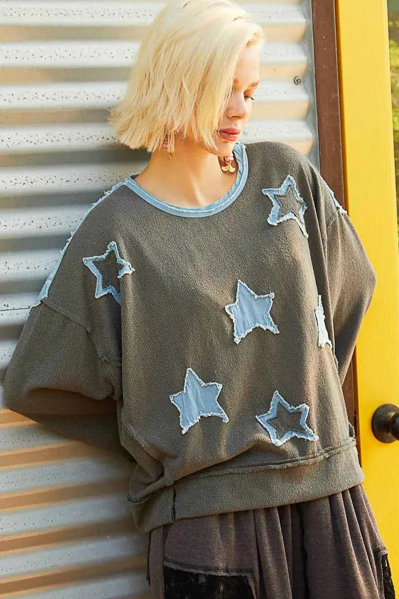POL Exposed Seam Relaxed Fit Sweater with Star Denim Patch 1f7ab973-5f6d-46a7-a668-3d909578766b-Max-Origin