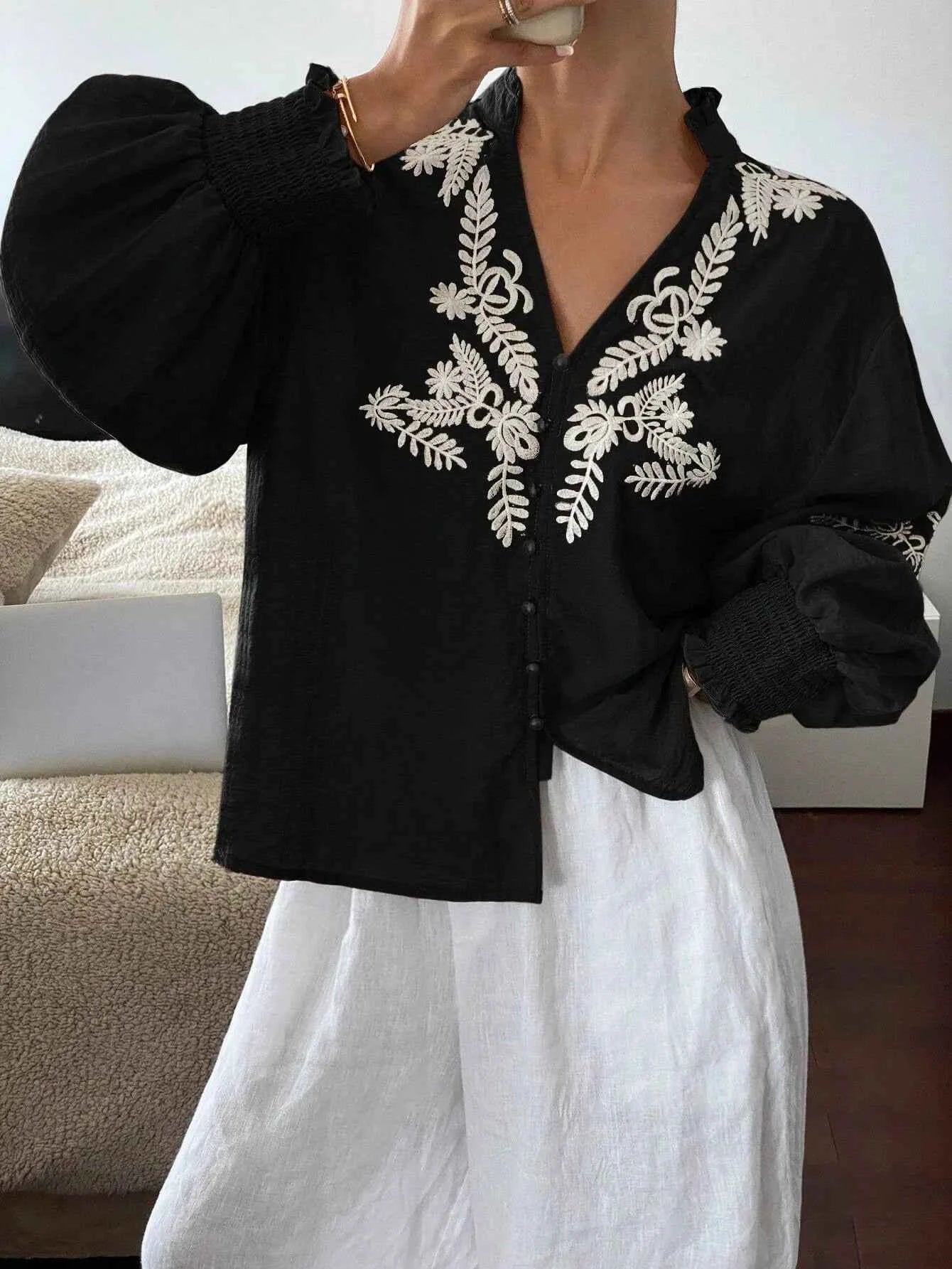 Embroidered Lantern Sleeve Blouse Black 1fb1cce9-e90d-4aa1-a4b5-eb285f660607-Max-Origin