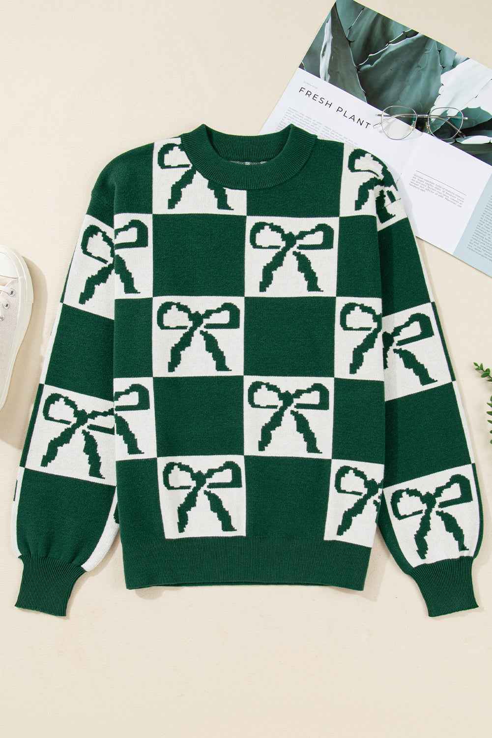 Blackish Green Bow Print Checkered Knit Sweater 1fb8caf3ef0fa161