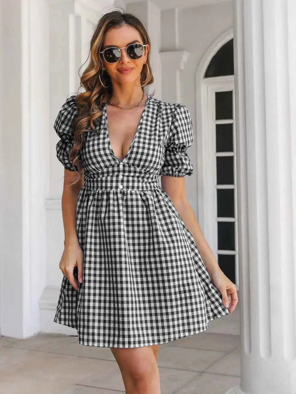 Decorative Button Plaid Short Sleeve Dress 1fc2bba0-9e7e-43eb-8a52-388012163929-Max