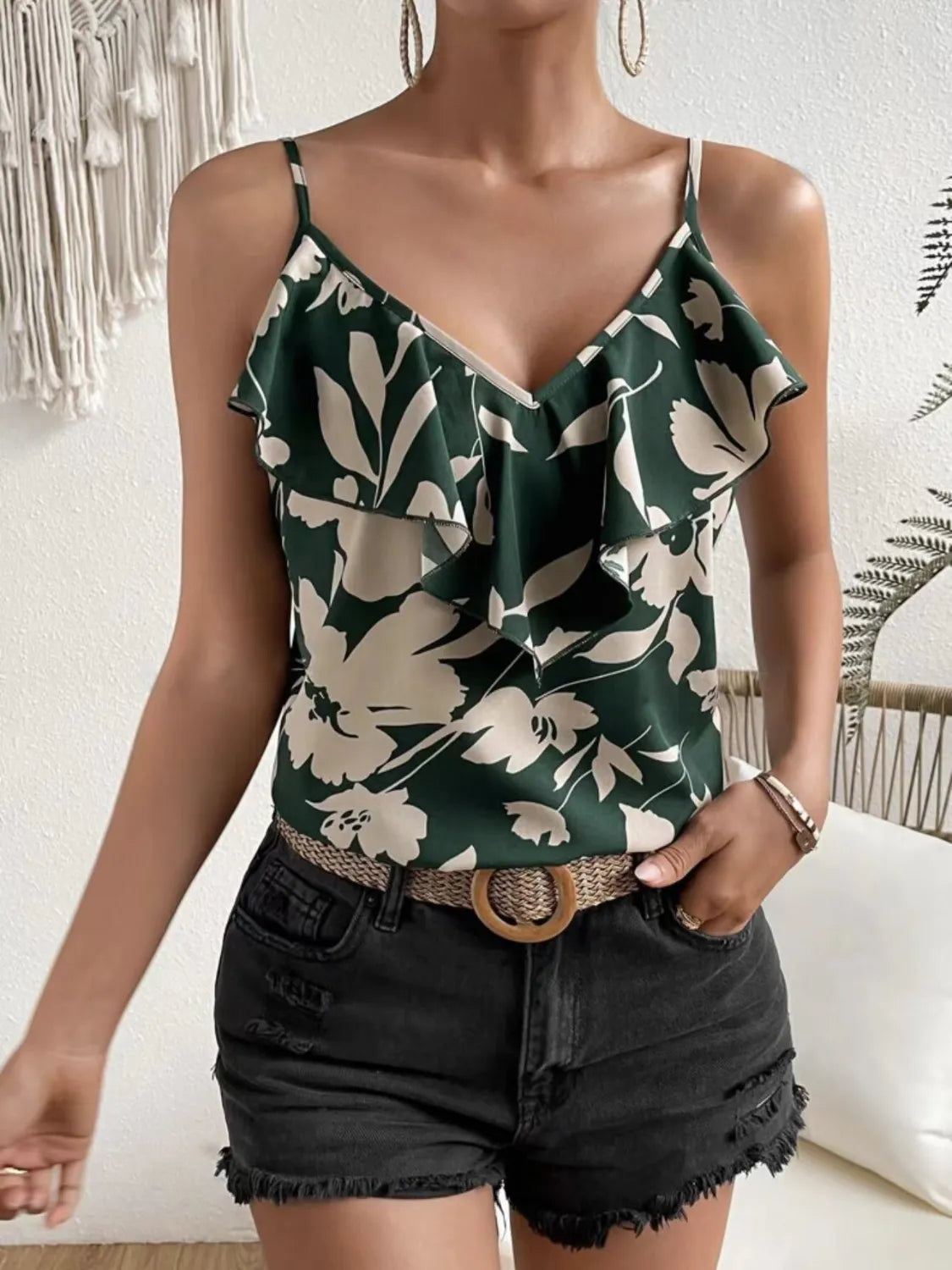 Ruffled Printed V-Neck Cami Dark Green 1fc3746d-8810-41a0-bdfa-d56a849b83f4-Max-Origin