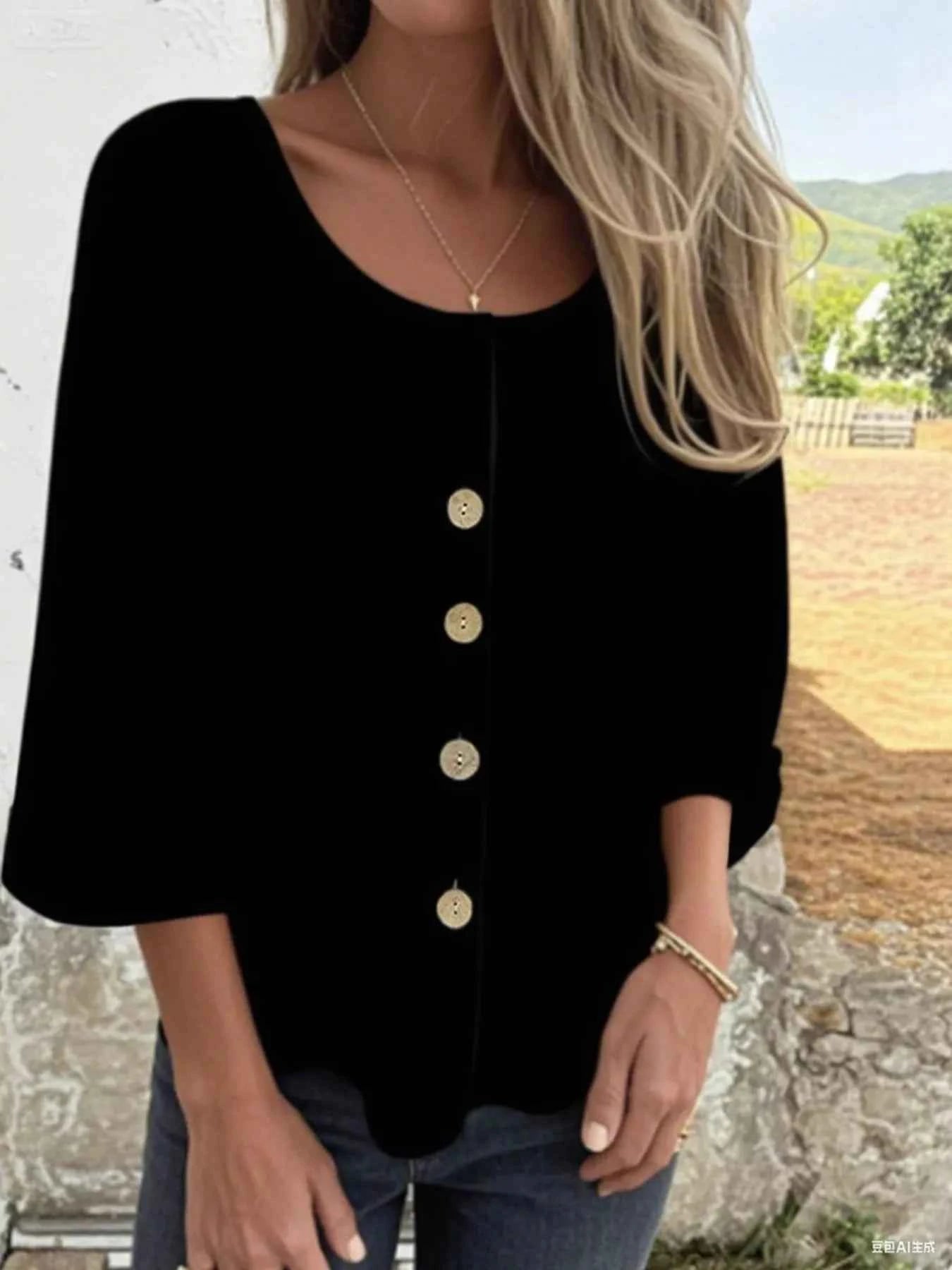 Full Size Button-Front 3/4 Sleeve Casual Blouse Plus Size Black 1fc653f30a464167846f91ea5489f120-Max-Origin