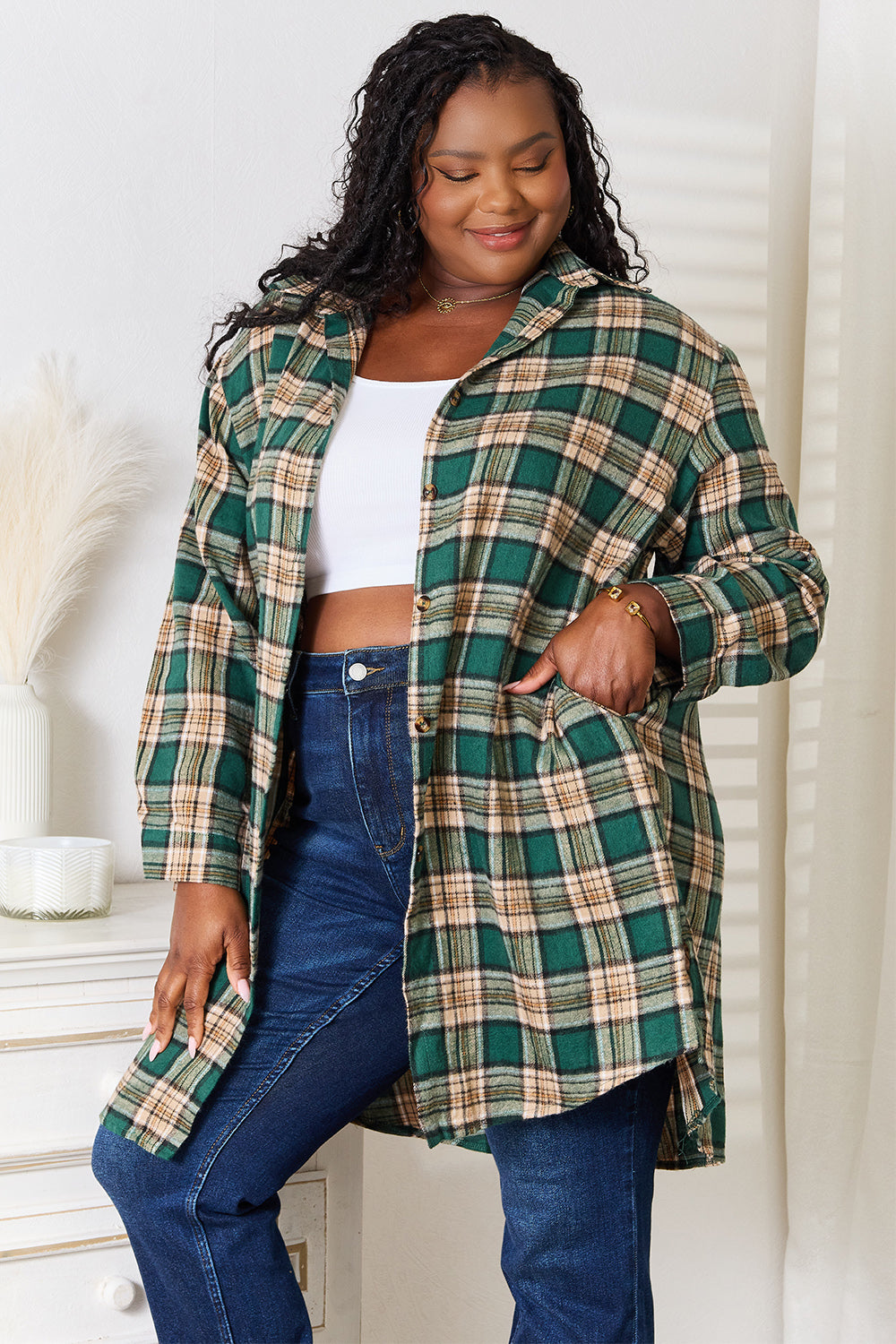Mandy Plaid Collared Neck Long Sleeve Shirt 1fcbca108160413788aff81a6f8b423b-Max
