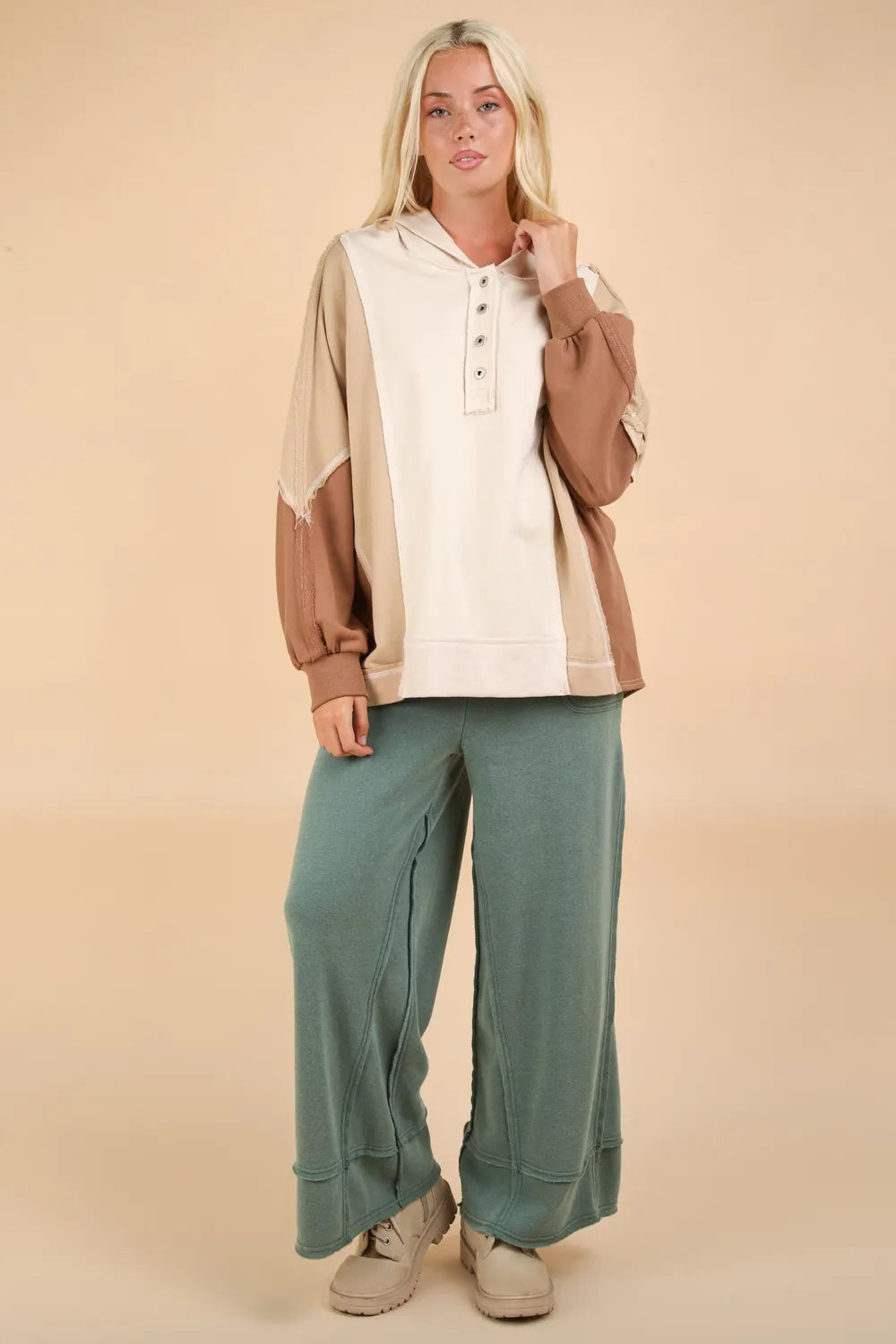 VERY J Exposed Seam Color Block Half Button Hoodie 1fe71154-58c8-4b84-83d0-6098f2451424-Max
