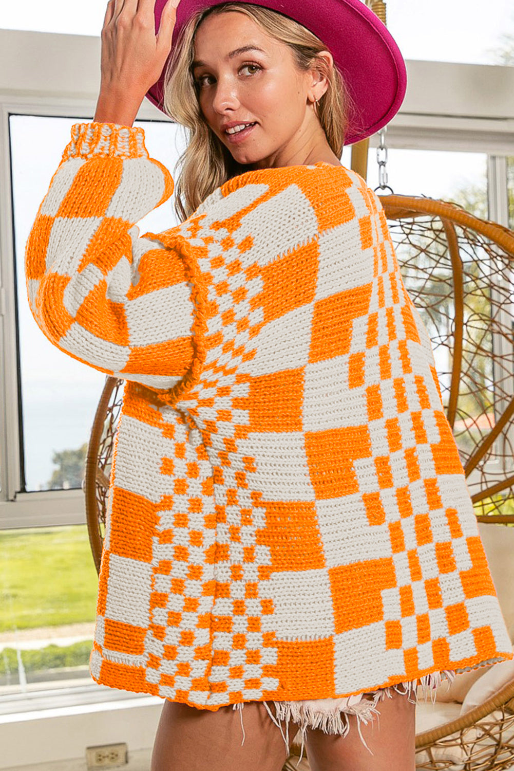 Smoke Gray Colorblock Checked Open Front Knitted Cardigan 200421410a85de9e