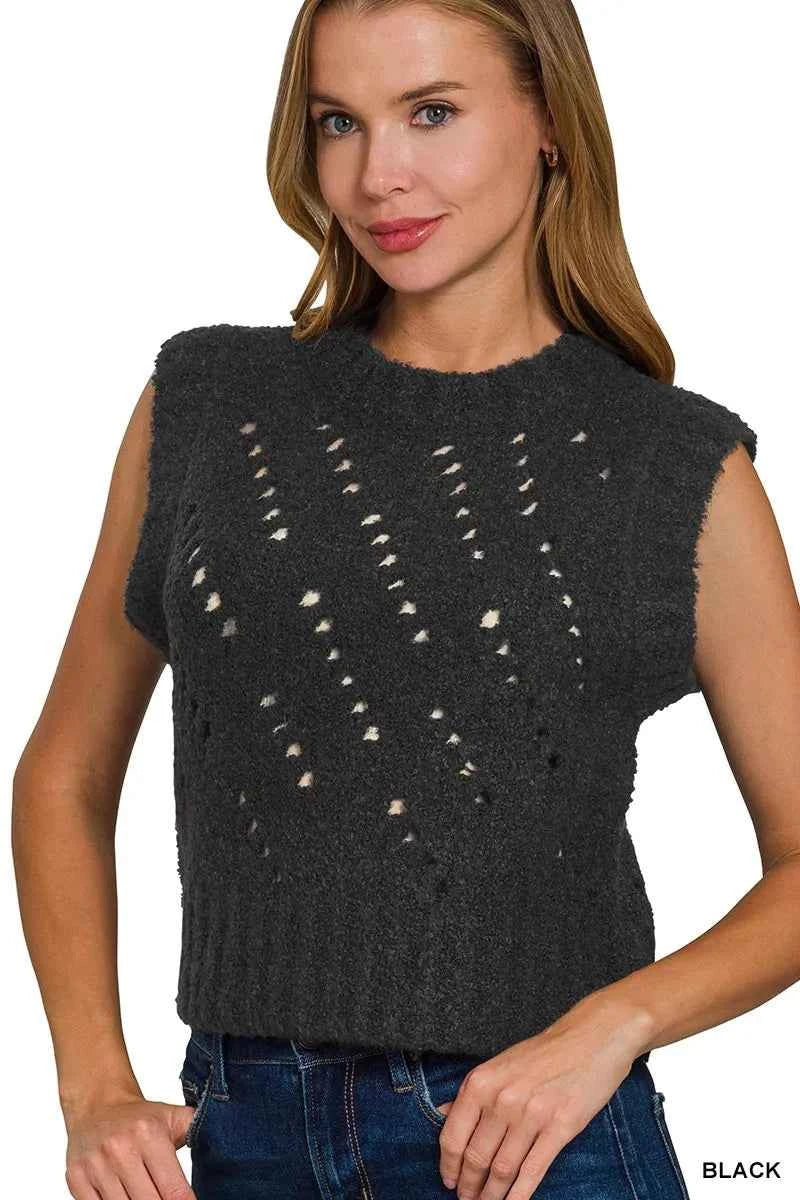 Zenana Openwork Textured Wool Sweater Vest BLACK 20051471695f468bb6d78c868071f6b5-Max-Origin