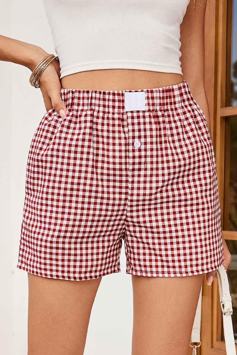 Red Vintage Plaid Print High Waisted Loose Wide Leg Shorts 200dc8503372c32c