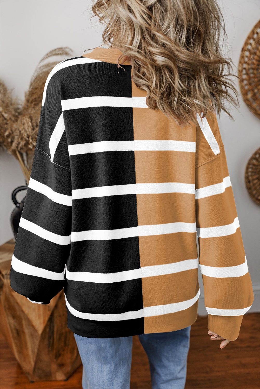 Blue Stripe Exposed Seam Patchwork Loose Sweatshirts 2014cf84c24ecd0f