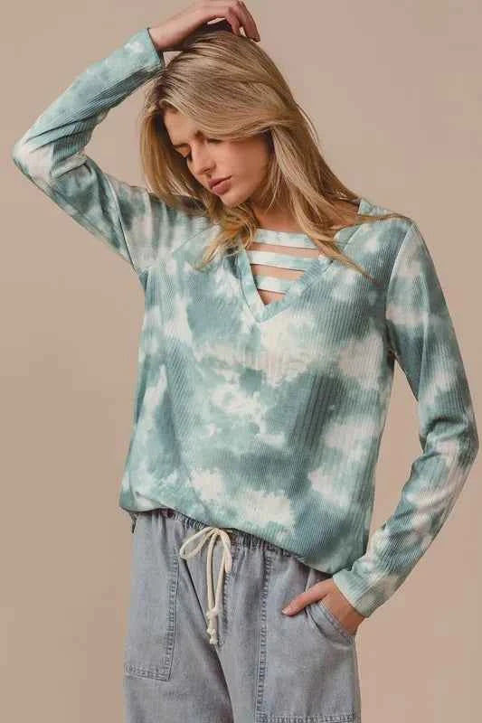 BiBi Variegated Tie Dye Rib V-Neck Top with Strapped 20467d21704545ff8c24e8f5f630b9b7-Max-Origin