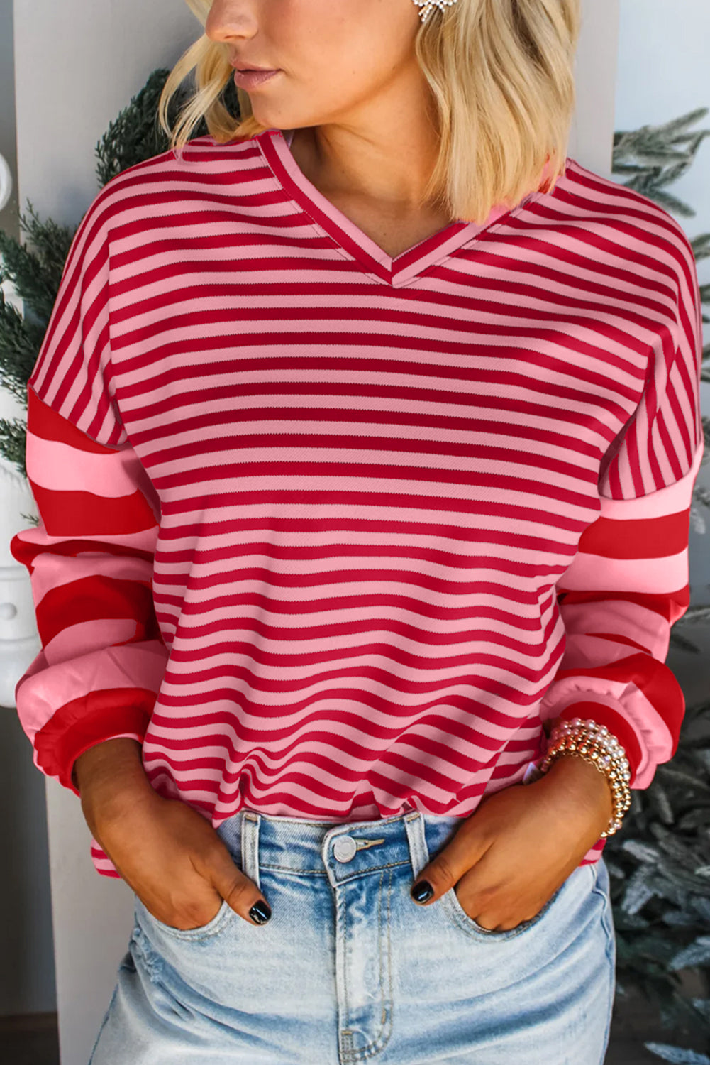 Strawberry Pink Striped V Neck Drop Sleeve Top Strawberry Pink 95%Cotton+5%Elastane 2047bcdf7d534bba