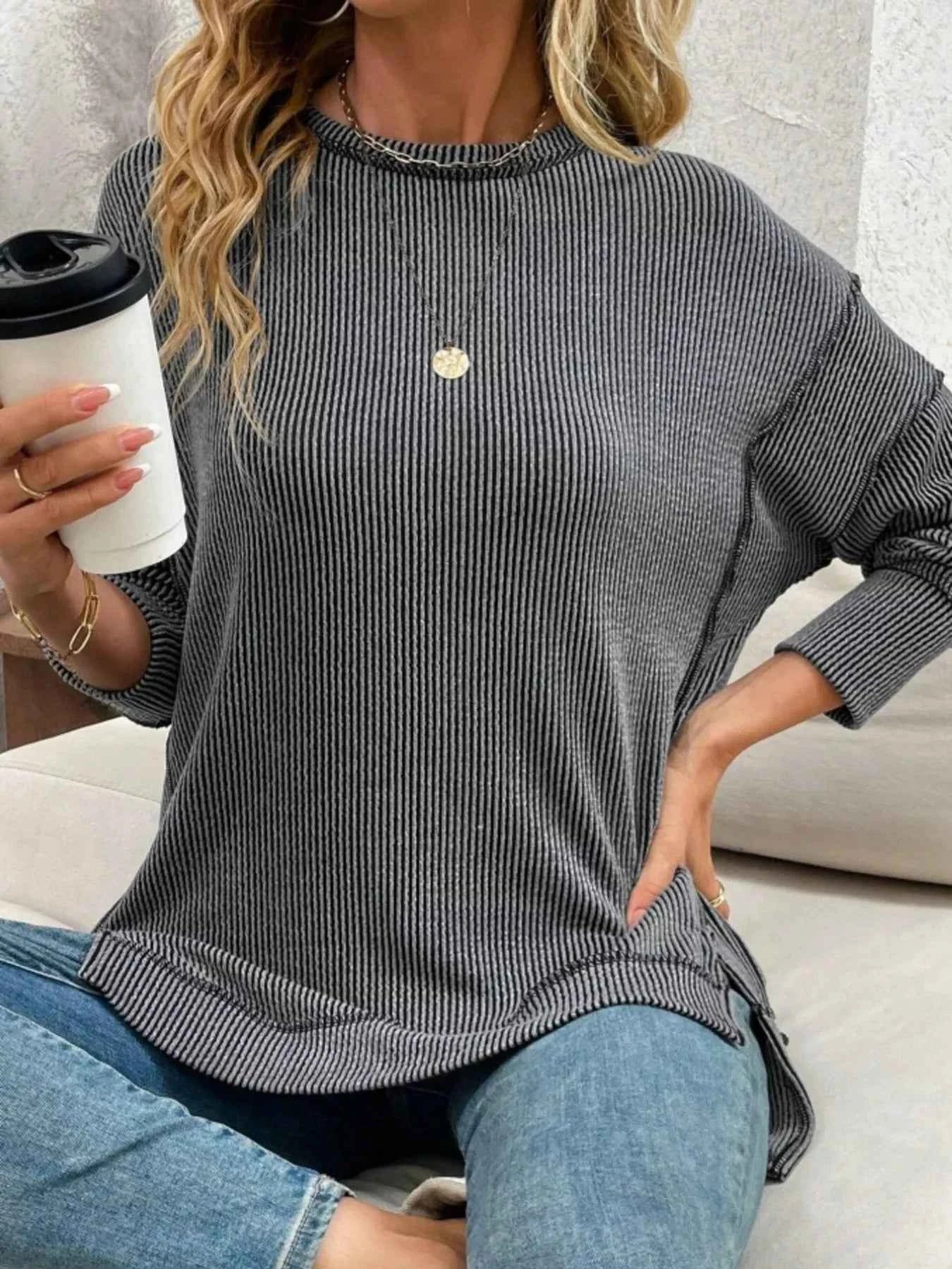 Side Slit Round Neck Dropped Shoulder Sweatshirt 2071f678d3cc412c91437592f3e48adc-Max-Origin