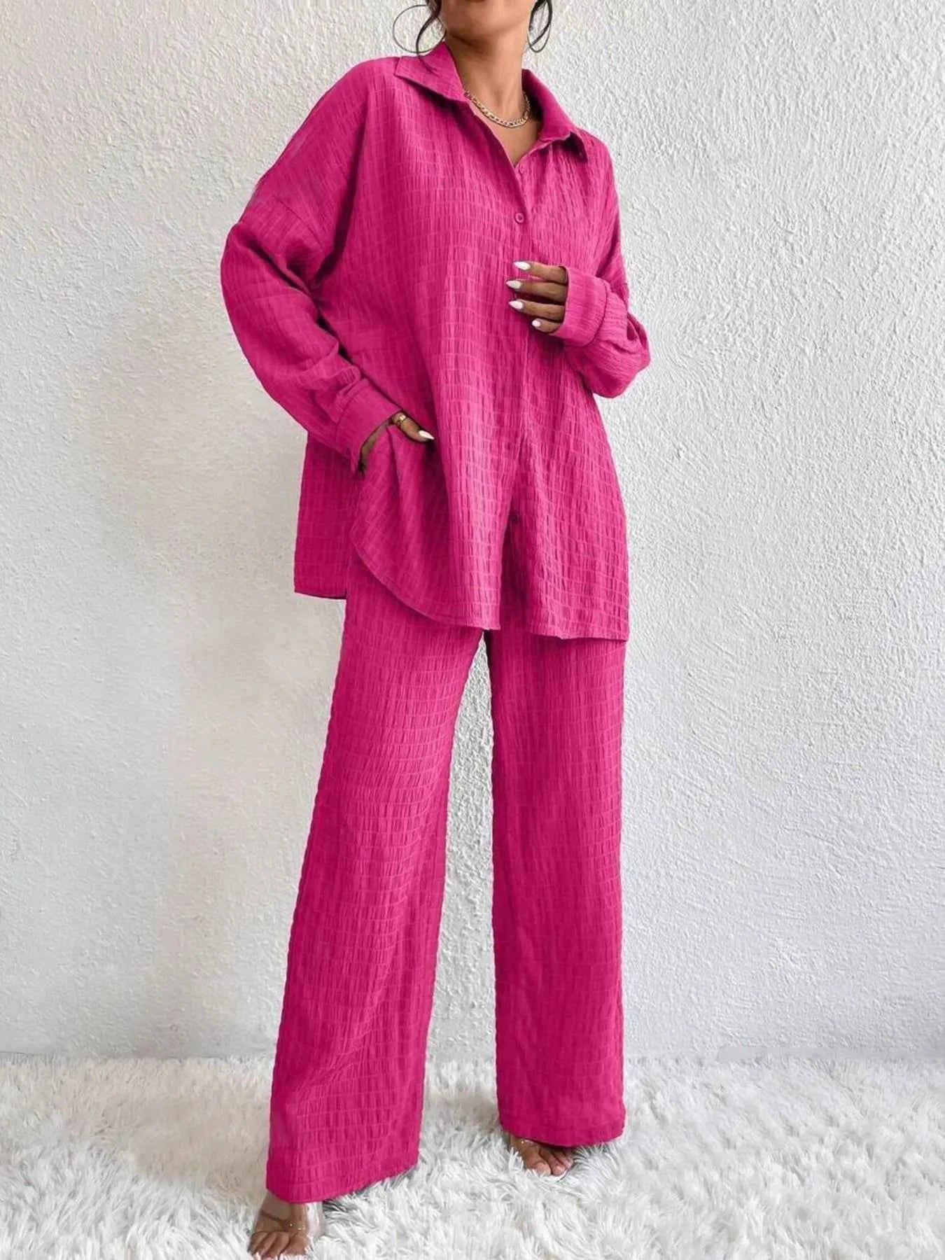 Button Up Long Sleeve Shirt and Pants Set Hot Pink 207cb572263d4caa9e6728660c331e6a-Max-Origin