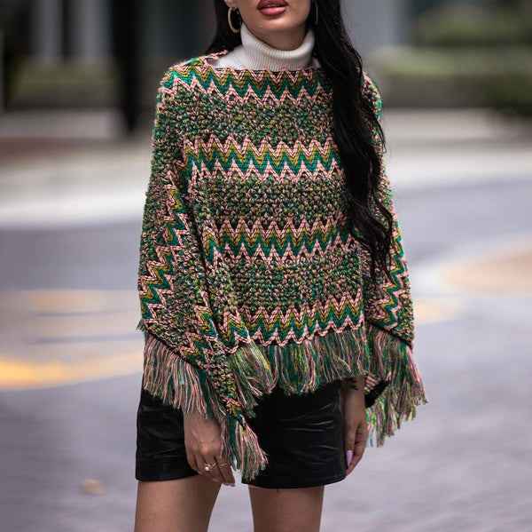 Green Fringe Trim Batwing Sleeve Poncho Sweater 20817889_7796a03c-84b8-47a3-8fb6-ad3375b049e6