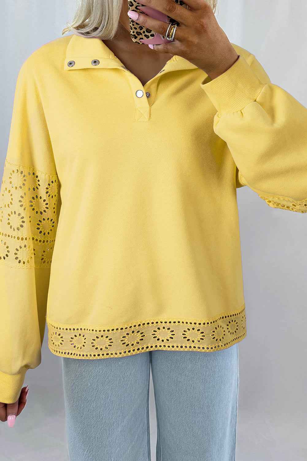 Yellow Cream Embroidered Flower Patchwork Snap Buttons Pullover Sweatshirt Yellow Cream 50%Polyester+50%Cotton 209dbfae12a0abf2