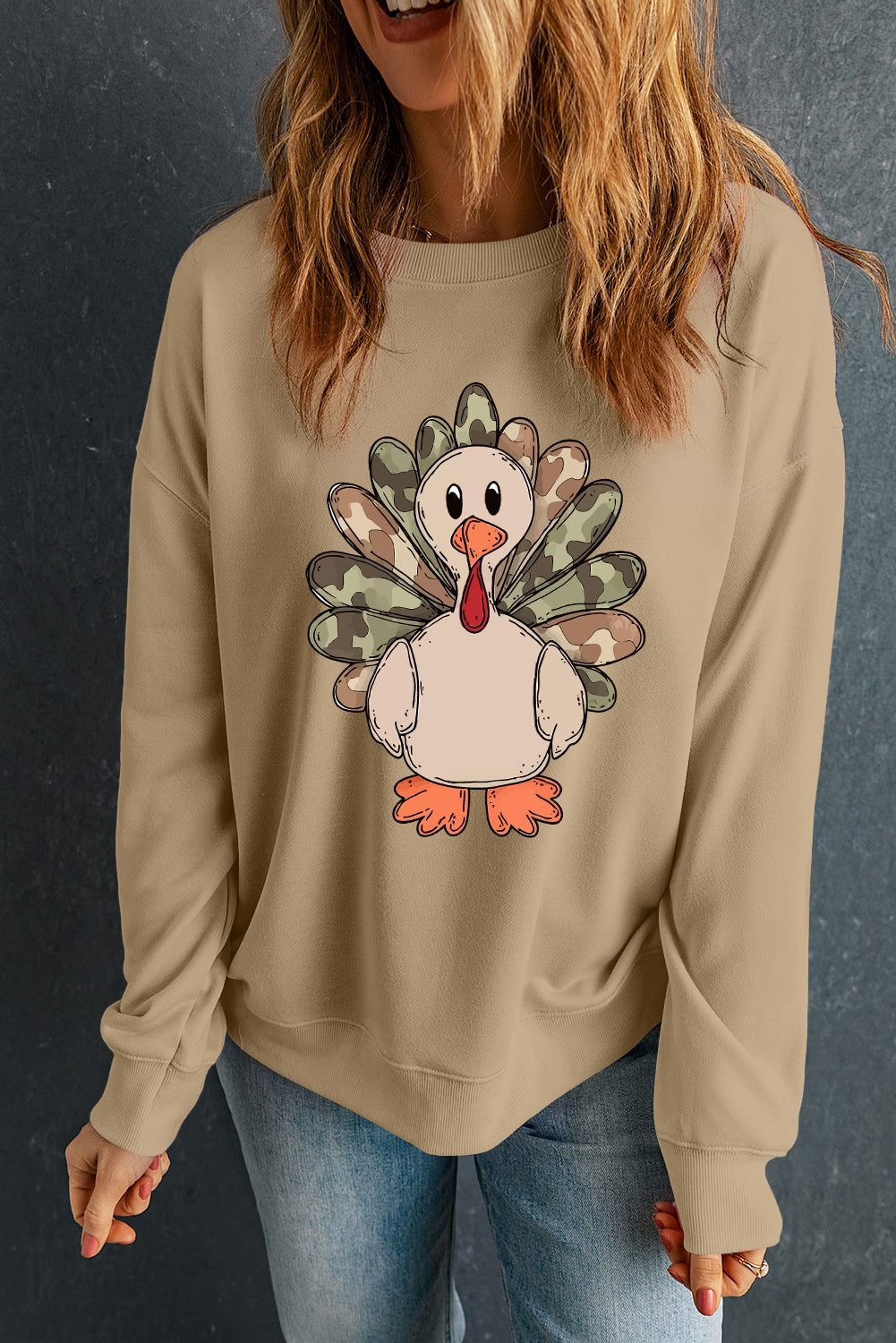 Khaki Camouflage Turkey Heat Transfer Printing Graphic Sweatshirt Khaki 50%Polyester+50%Cotton 209eb0d89e46e197