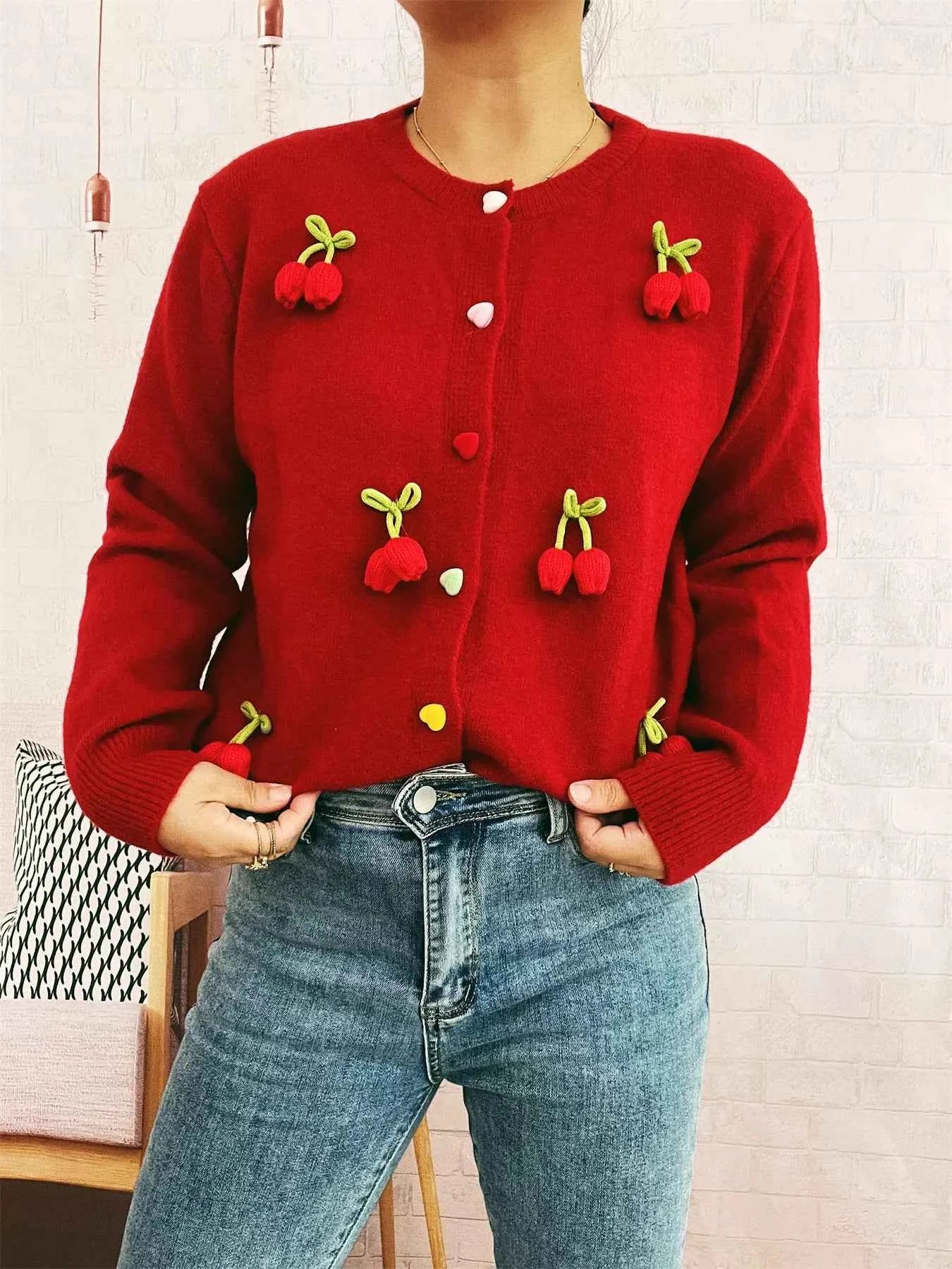 Flower Button Up Long Sleeve Cardigan Red One Size 20b7158b1fb045b99de0af5f57ea05b8-Max-Origin