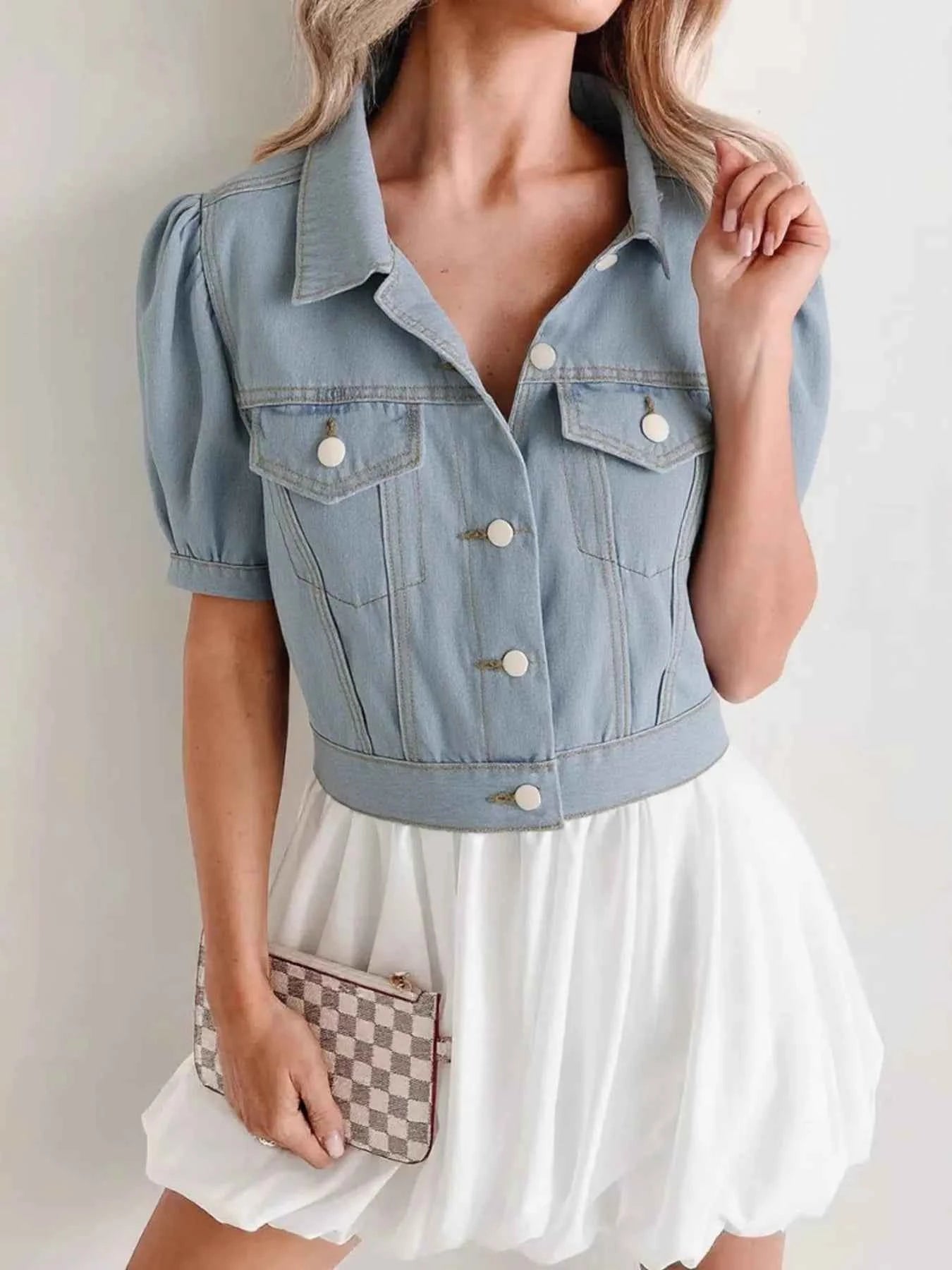 Button Up Puff Sleeve Cropped Denim Jacket Light Blue 20cdaff0e83440efbc7e0baf48646b4e-Max-Origin
