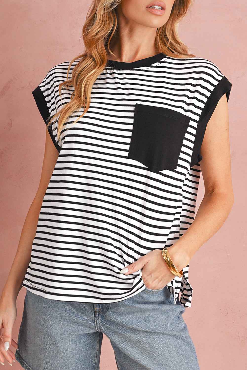 Red Stripe Chest Pocket Patch Round Neck Sleeveless Tee Black Stripe 20d641eb53c03f28