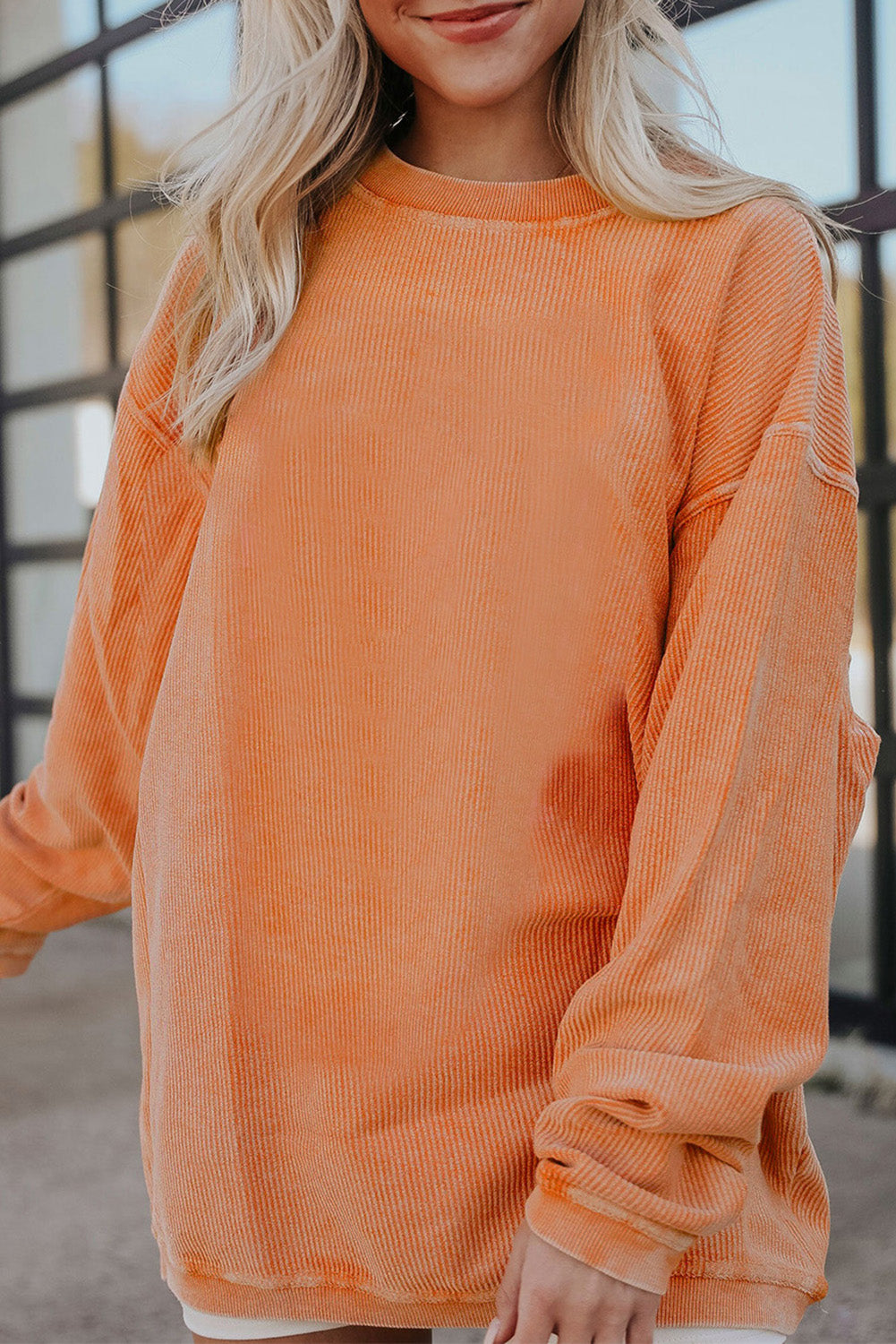 White Drop Shoulder Rib Knit Oversized Sweatshirt Orange-3-3 100%Polyester 20e783f34e29172d
