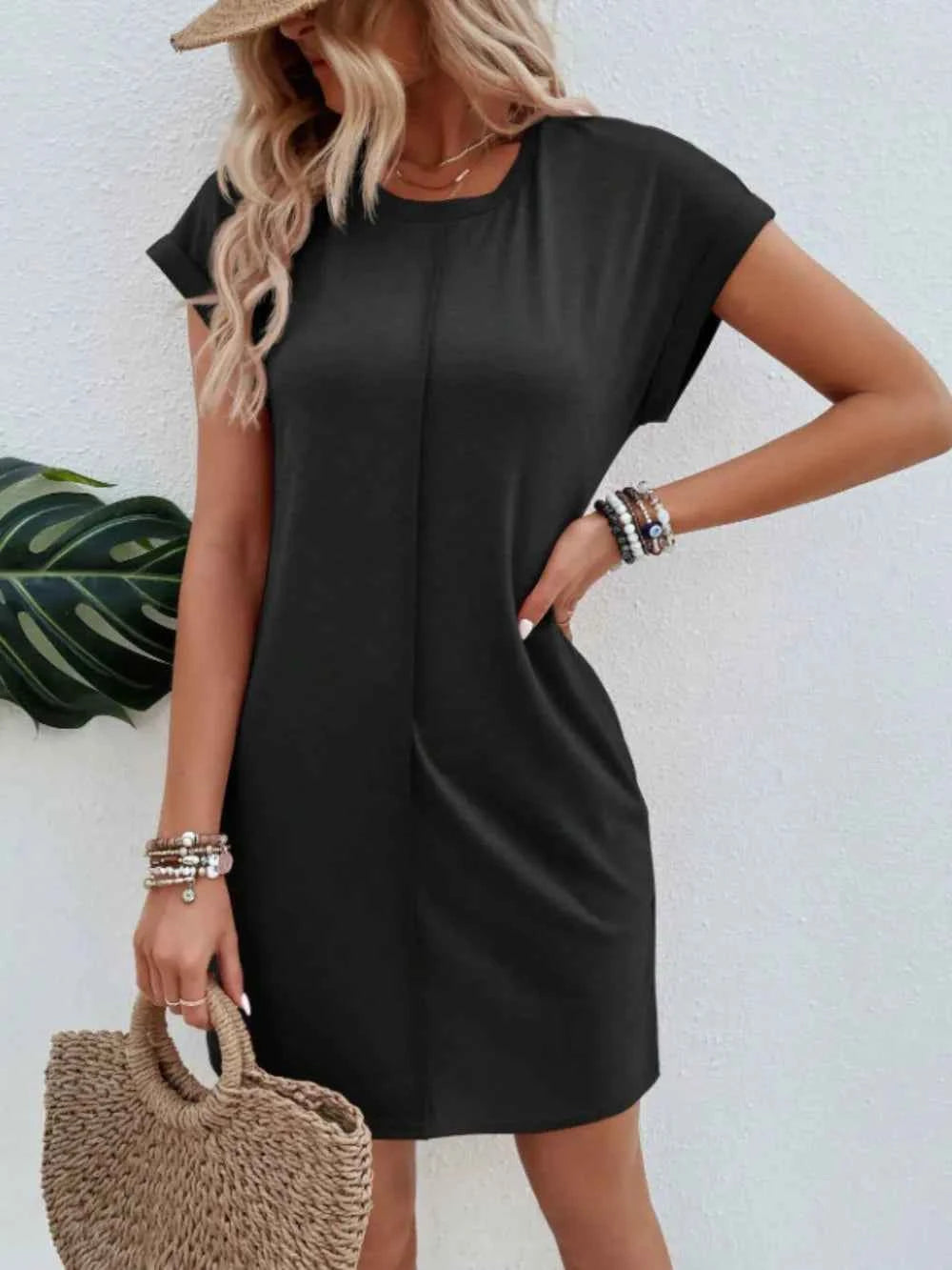 Exposed Seam Short Sleeve Mini Tee Dress Black 20e9028a-bbd7-4743-8442-16ff1ecaeb9f-Max