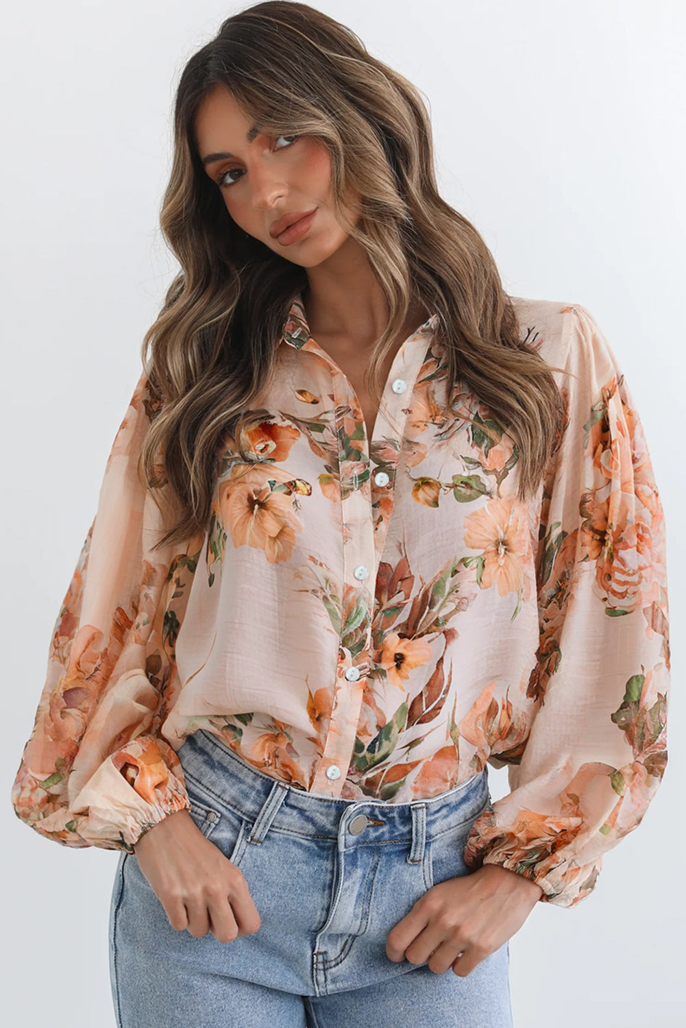 Brown Floral Puff Sleeve Lightweight Shirt 20f6de690d44d011
