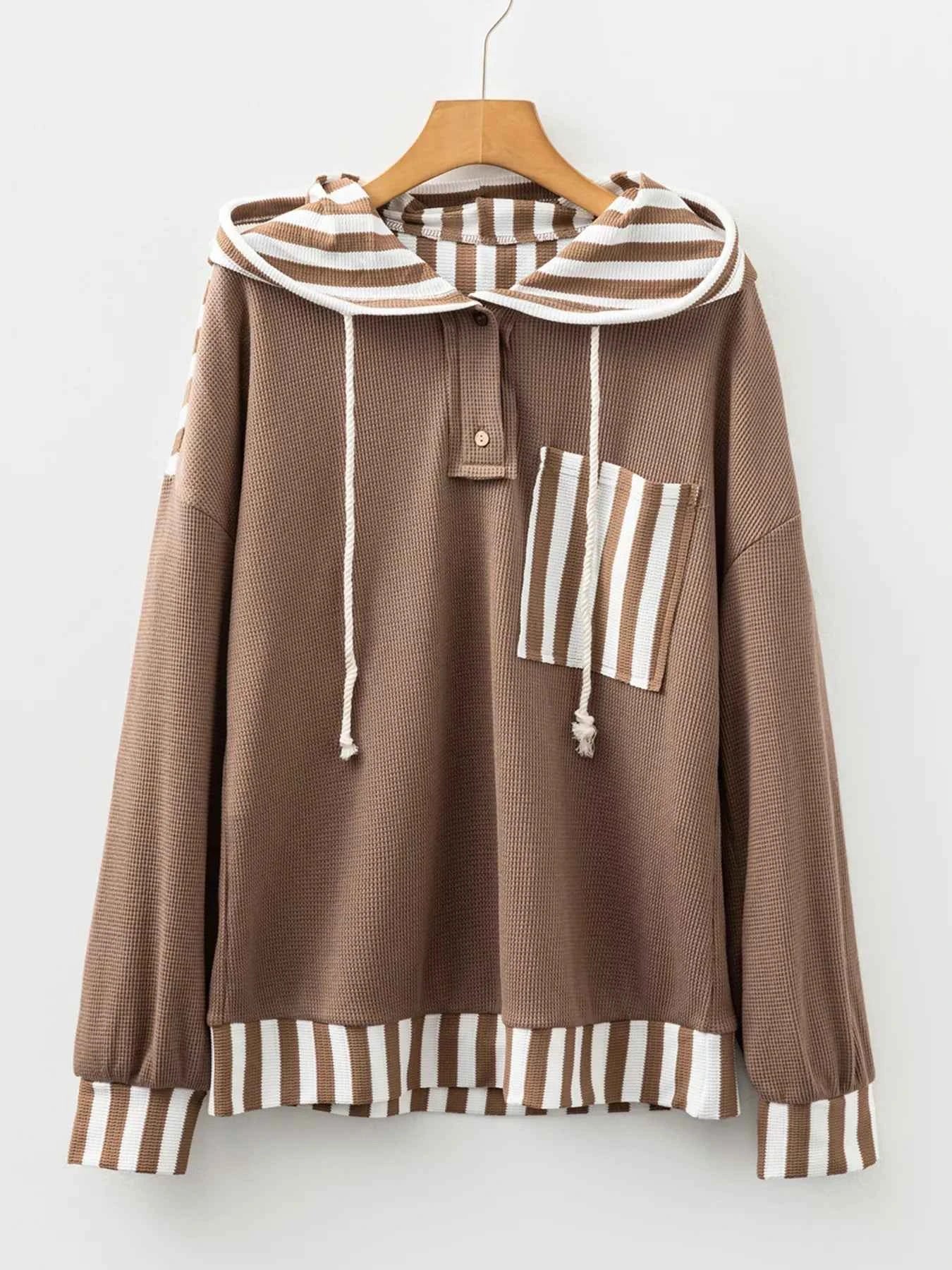 Waffle Texture Striped Patchwork Button Neck Drawstring Hoodie 2109d1396a9a4cccaa0bb509ab5b6b19-Max-Origin