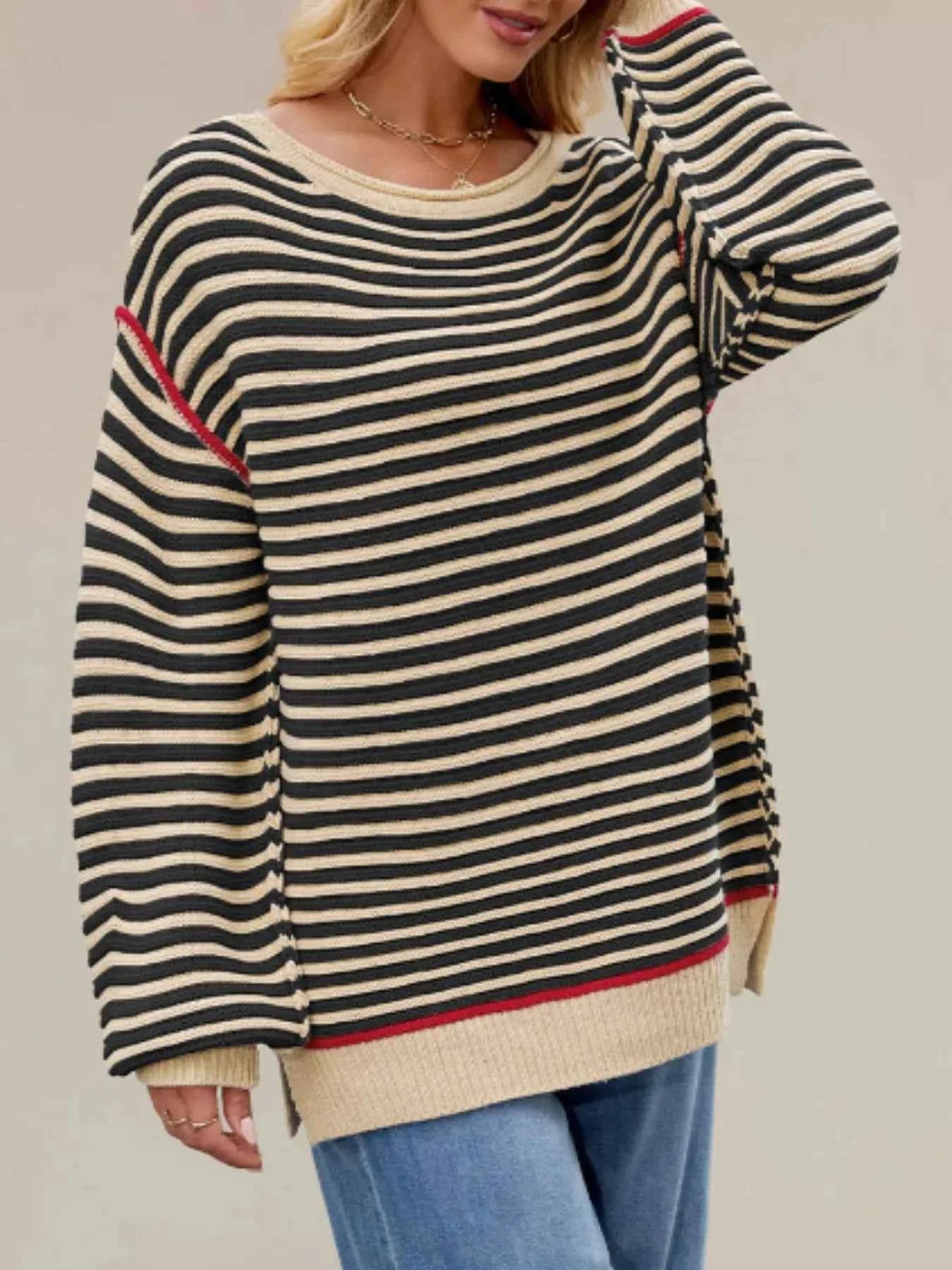 Slit Striped Oversized Sweater 2119f442-4bd3-4baa-8e45-7a71242c77a4-Max-Origin