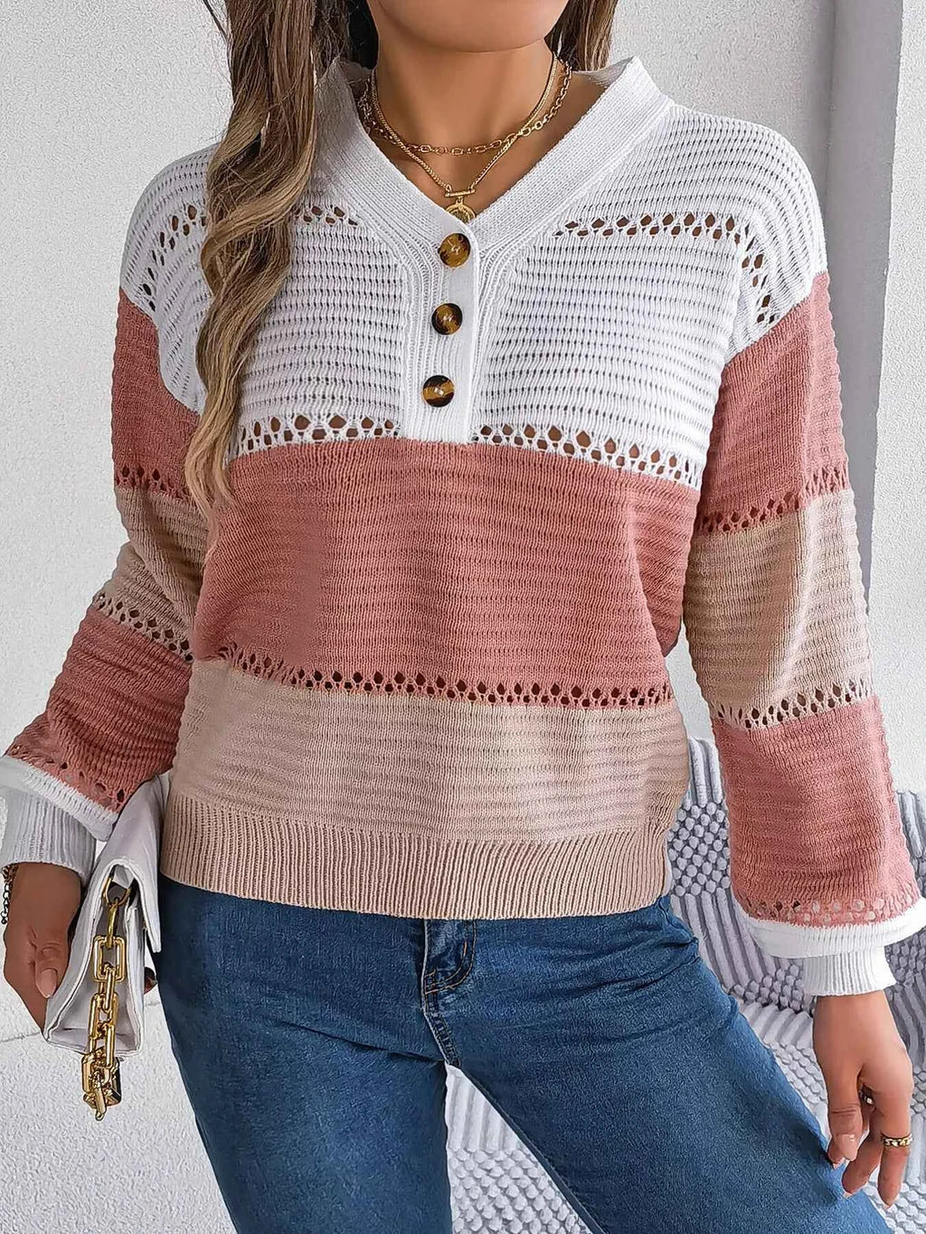 Color Block Striped V-Neck Button Detail Sweater 211e15f7f66c4b1b94f28a0be1dabc08-Max-Origin