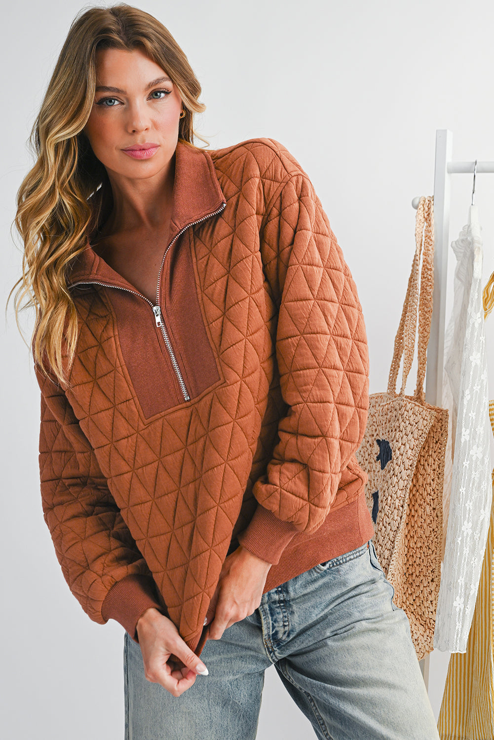 Straw Yellow Textured Zipper Neck Long Sleeve Pullover Sweatshirt 212788e291c3cda0