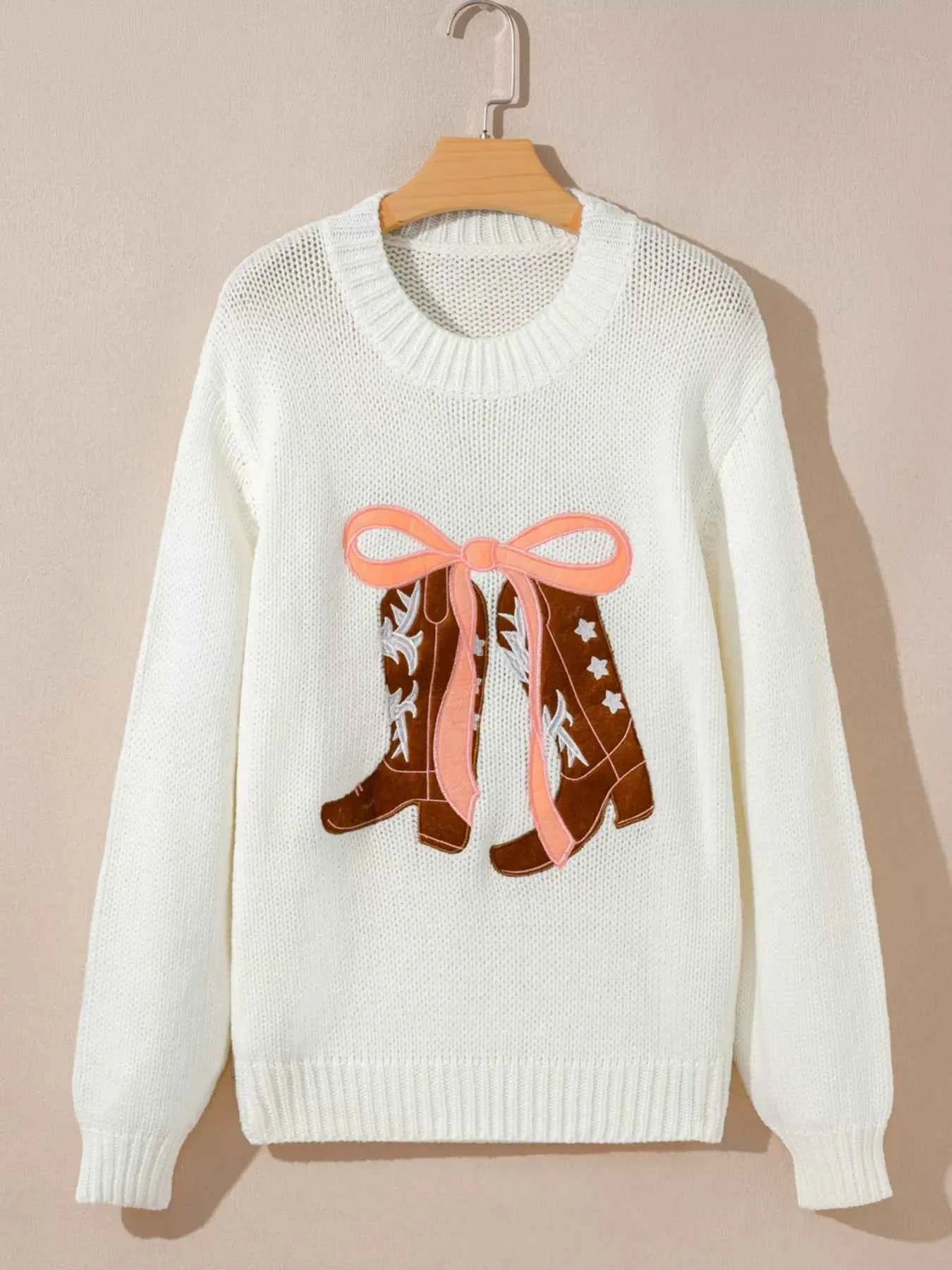 Embroidered Bow Boots Graphic Drop Shoulder Sweater 214f8080f93343ec9f6f206ab627f16a-Max-Origin