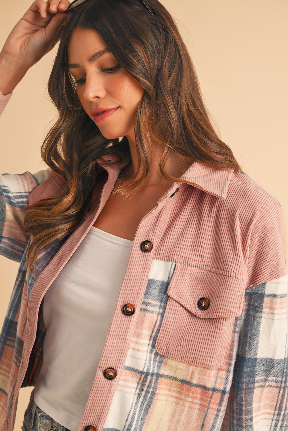 Cinnamon Plaid Corduroy Patchwork Pocket Loose Shacket 2150221f62b4aa07