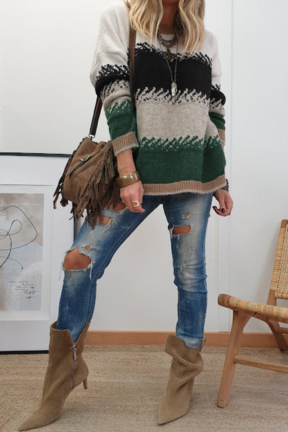 Black Stylish Color Block Pattern Drop Shoulder Sweater 21681eb28a371d9b