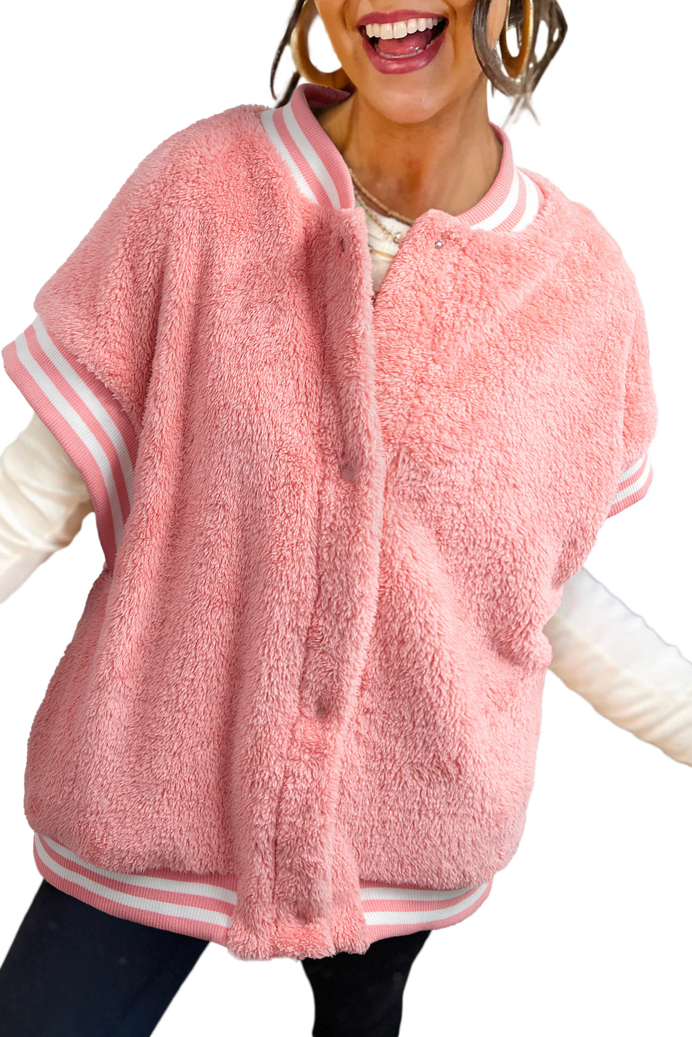 Gossamer Pink Contrast Trim Plush Sleeveless Coat 2177b965c82e0901