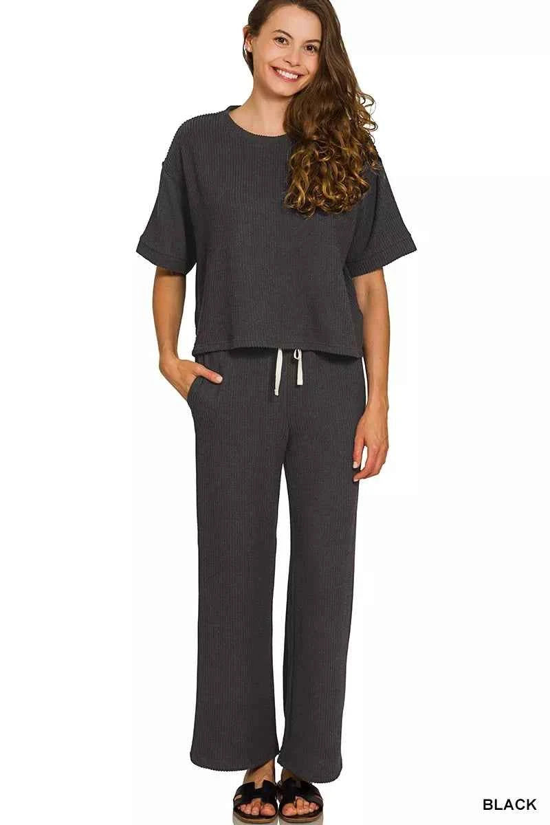 Zenana Raised Rib Short Sleeve Tee & Pants Set BLACK 217b77382e054352844de153ee191d1d-Max-Origin