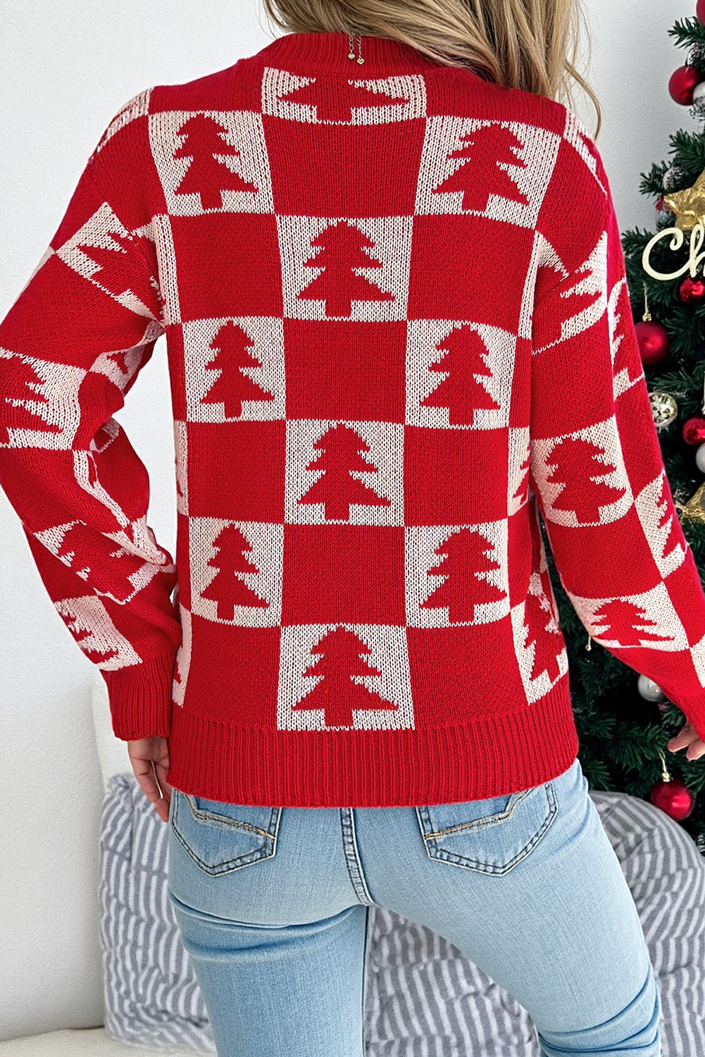 Fiery Red Christmas Tree Checkered Pullover Sweater 217c143ea11e089a