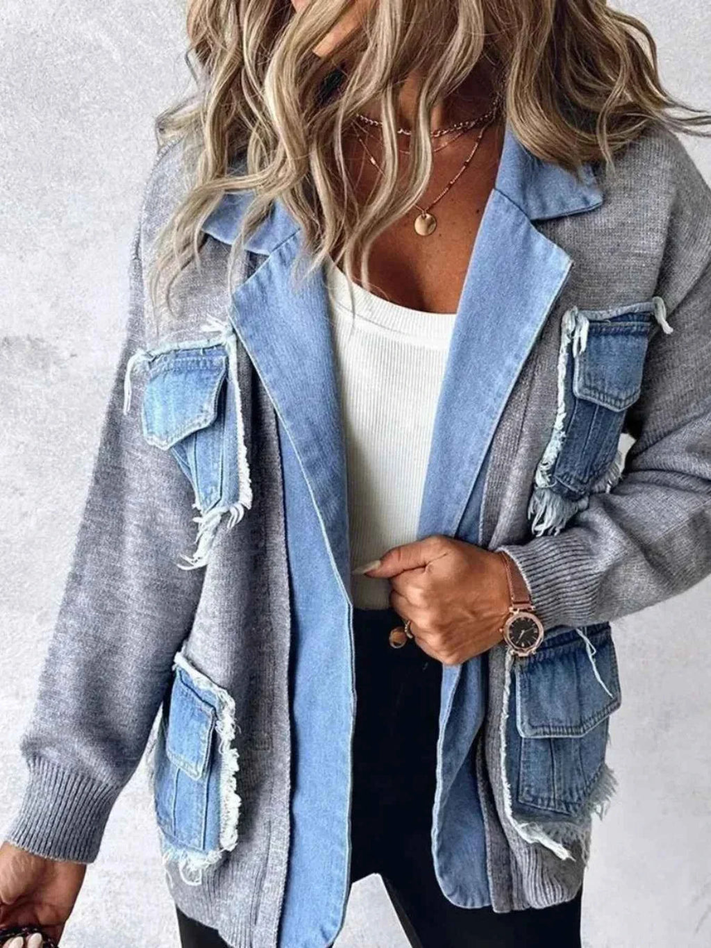 Raw Hem Denim Pocket Patchwork Cardigan 2187cae76ce740478e1c6b5f9dd38882-Max-Origin