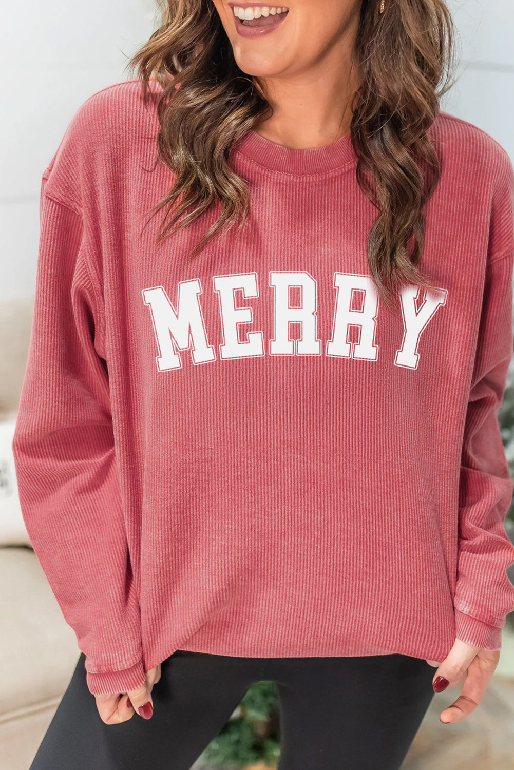 Strawberry Pink Corded MERRY Letter Heat Transfer Printing Sweatshirt