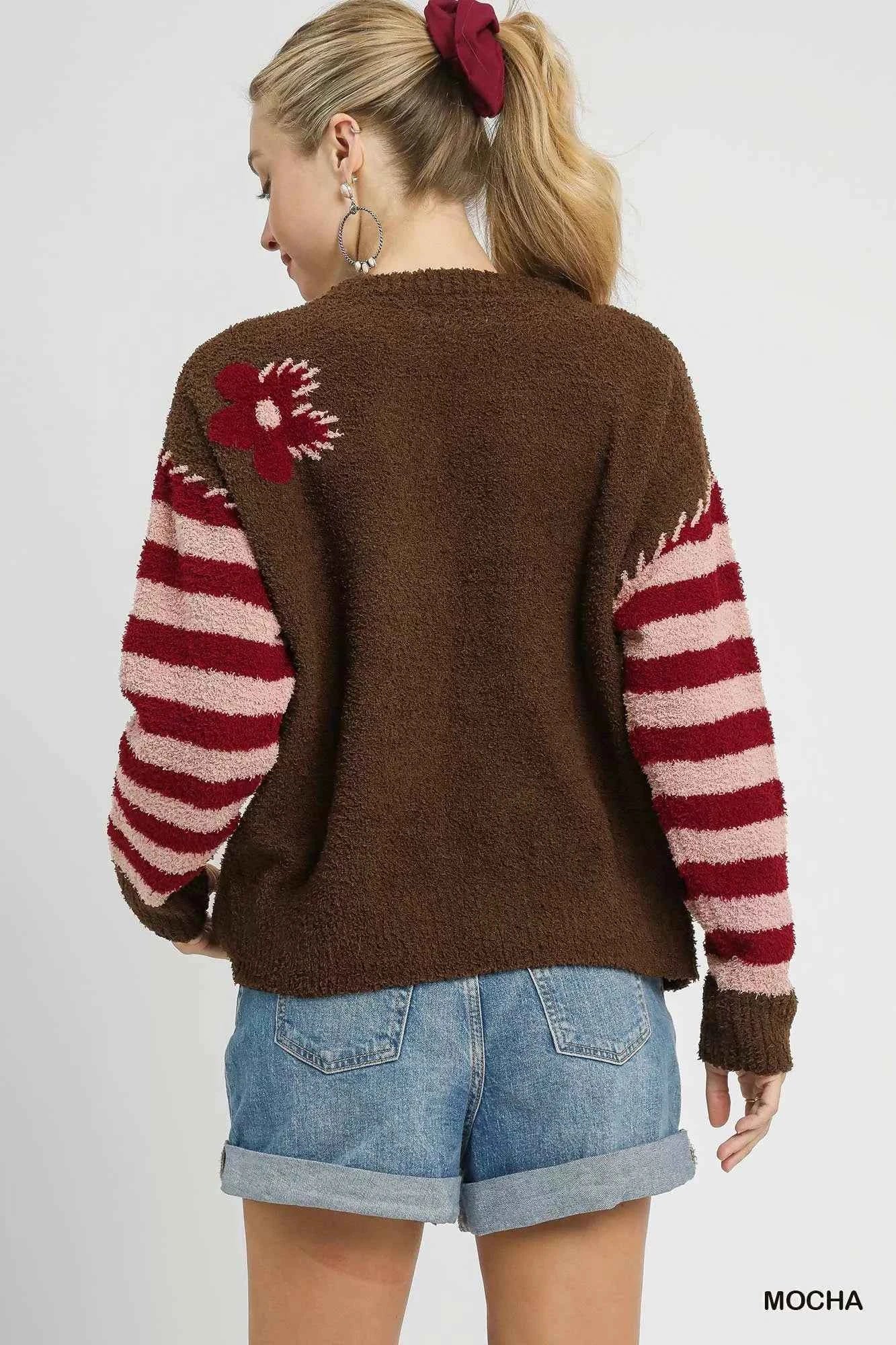 Umgee Flower Jacquard Striped Long Sleeve Sweater 21c047fa-ab8b-4642-844e-82e00d5477eb-Max-Origin