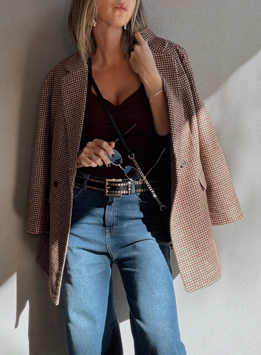 Brown Houndstooth Lapel Collar Blazer 21cc21a9331d4510