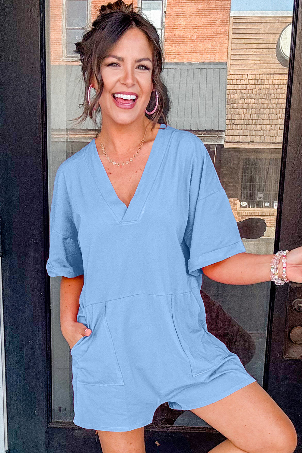 Bonbon Loose Half Sleeve V Neck Plain Romper 21ccaab3342fb037