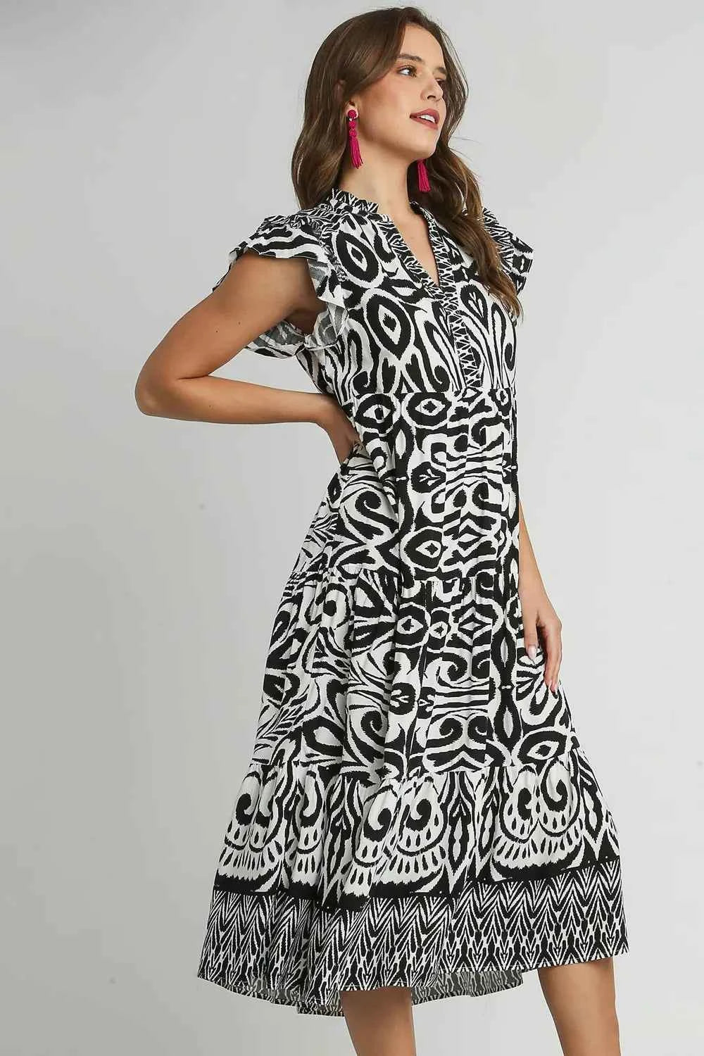 Umgee Full Size Two Tone Border Print Ruffle Cap Sleeve Midi Dress Plus Size 21d40196-6dfe-46d8-aef6-88118896b6dd-Max